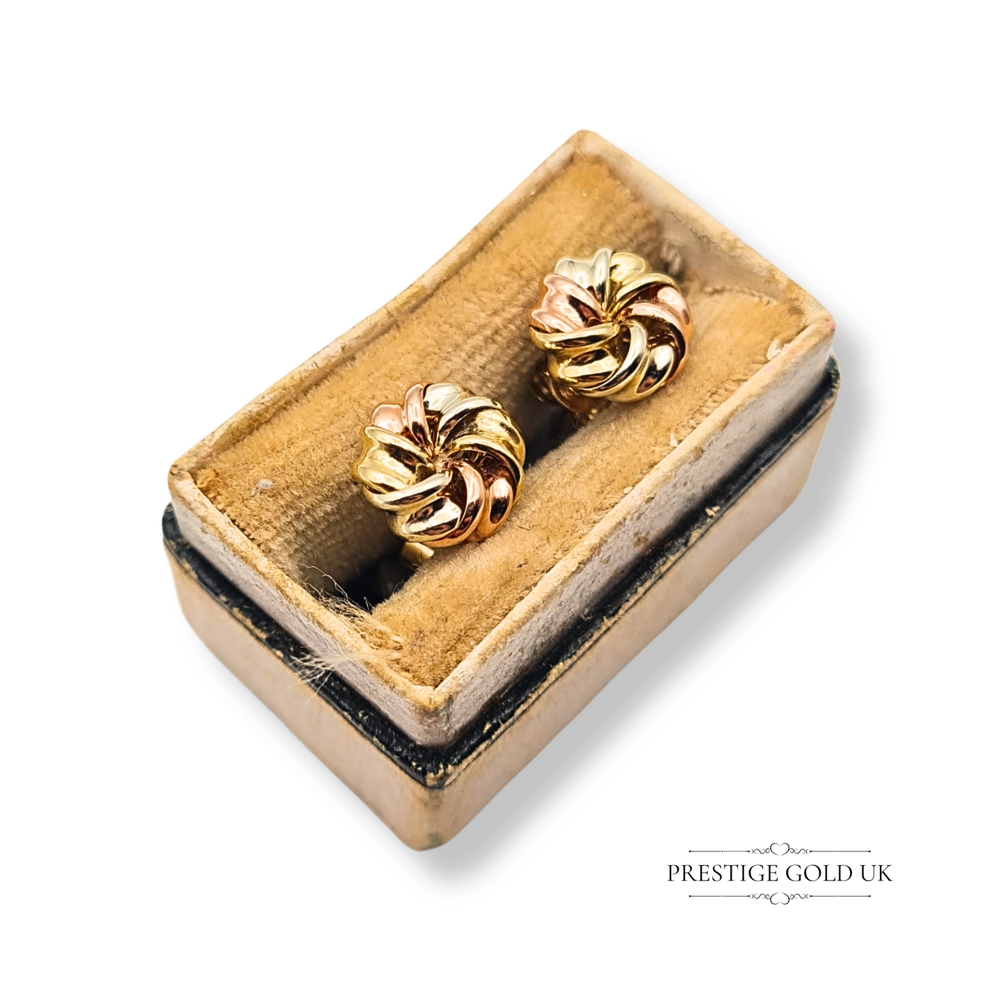 Pair of 9ct two tone stud earrings in yellow and rose gold, 8mm round flower twist design with butterfly backs, fully tested gold (not hallmarked), lightweight at 0.63g, ideal for everyday wear or gifting.