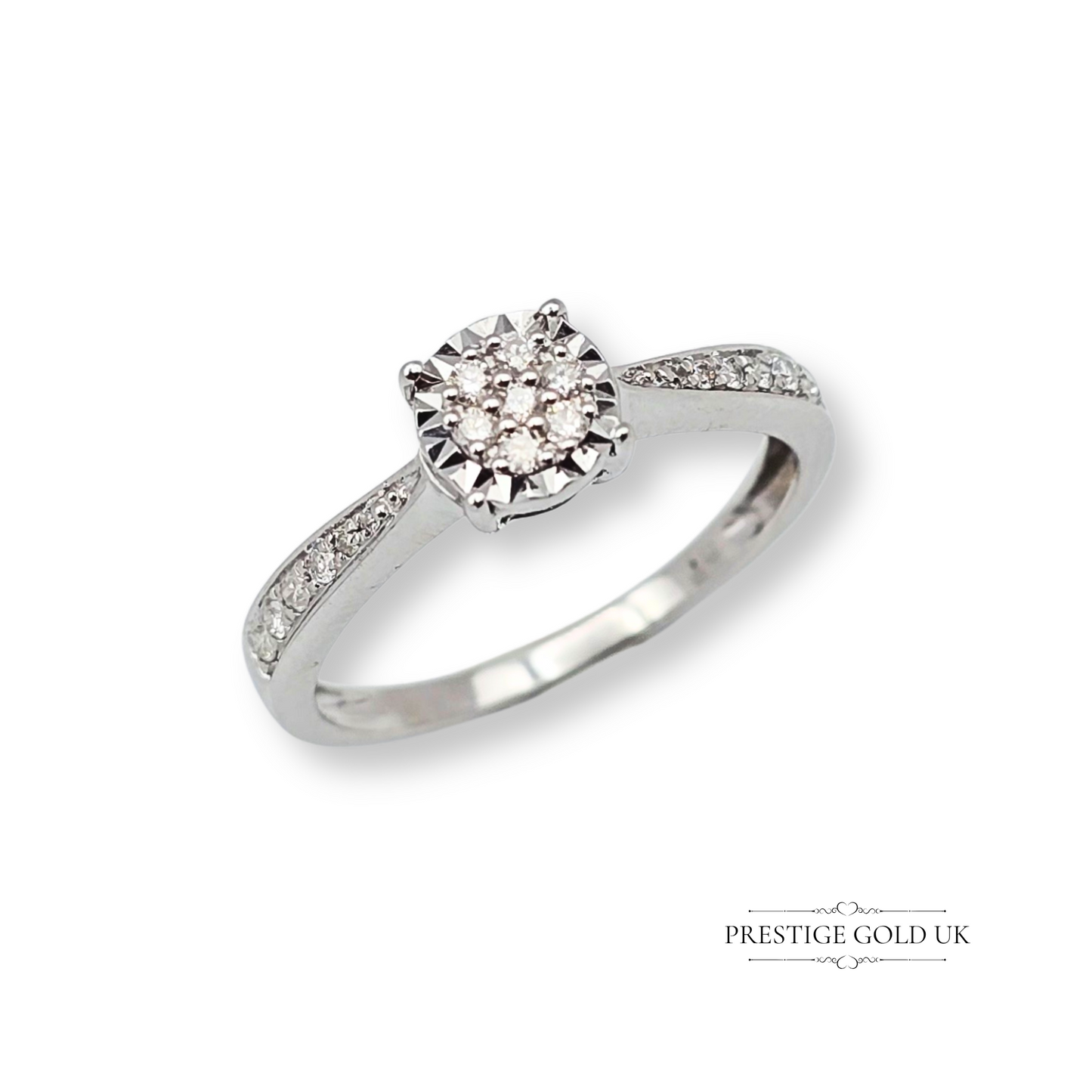 9ct White Gold Diamond Engagement Ring, illusion Set Diamonds UK M - US 6 1/4