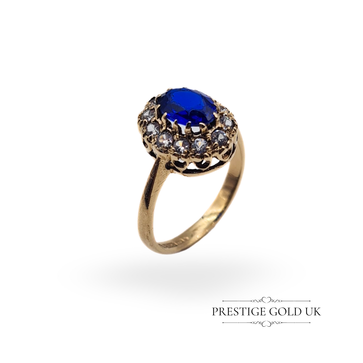 Vintage 9ct Gold Blue Stone & CZ Oval Cluster Ring - UK H US 3 3/4