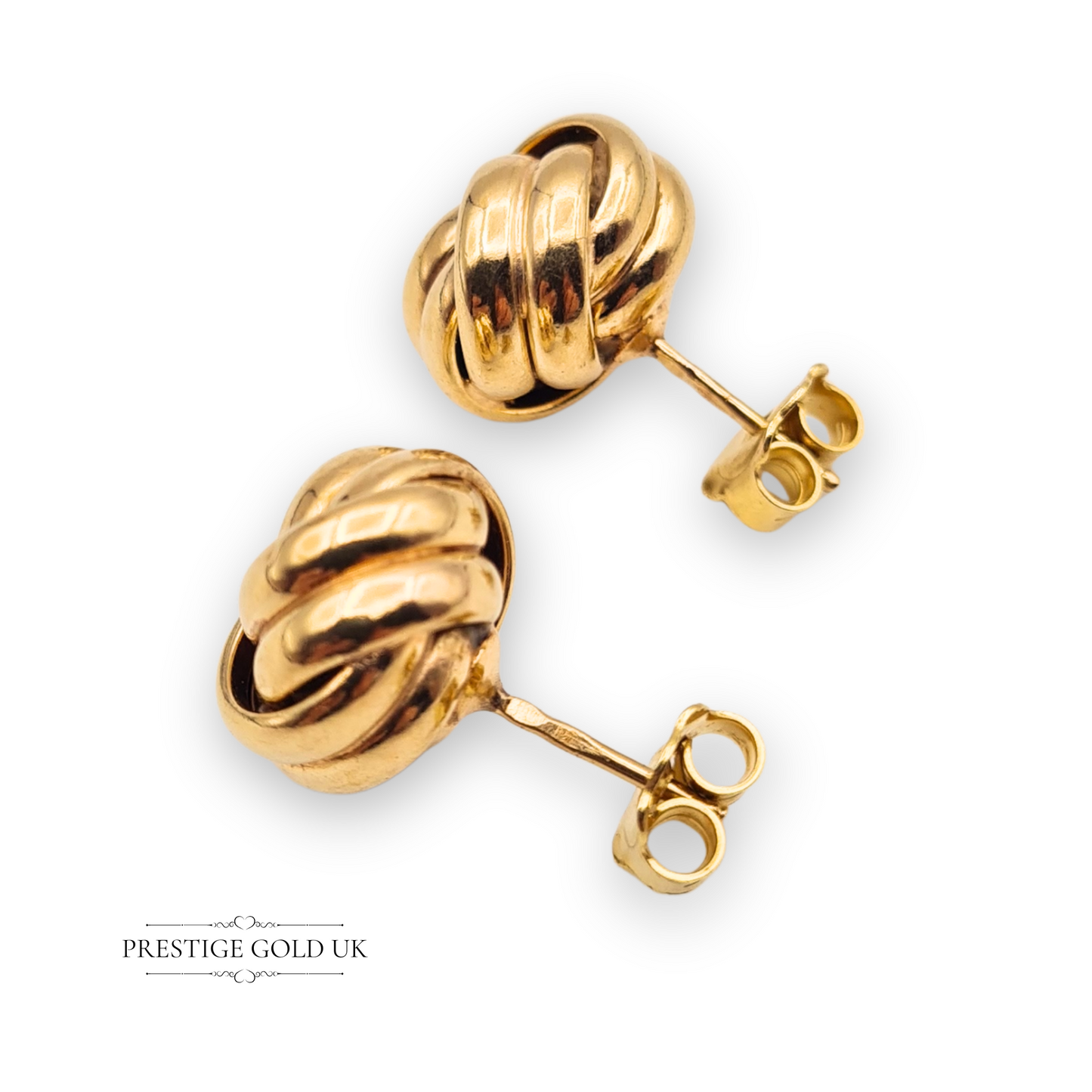 Large Gold Woolmark Stud Earrings, Large Lovers Knot Celtic Knot Ladies Studs