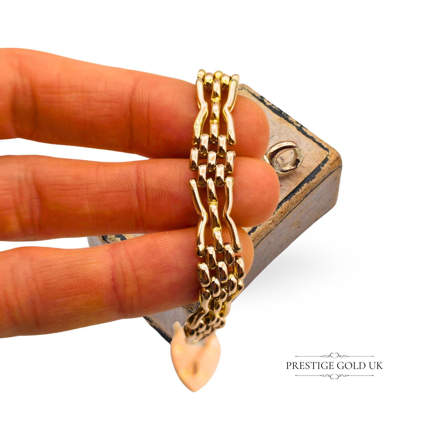9ct Rose Gold Gate Bracelet - 3 Bar Fancy Link Gate Bracelet - Heart Padlock