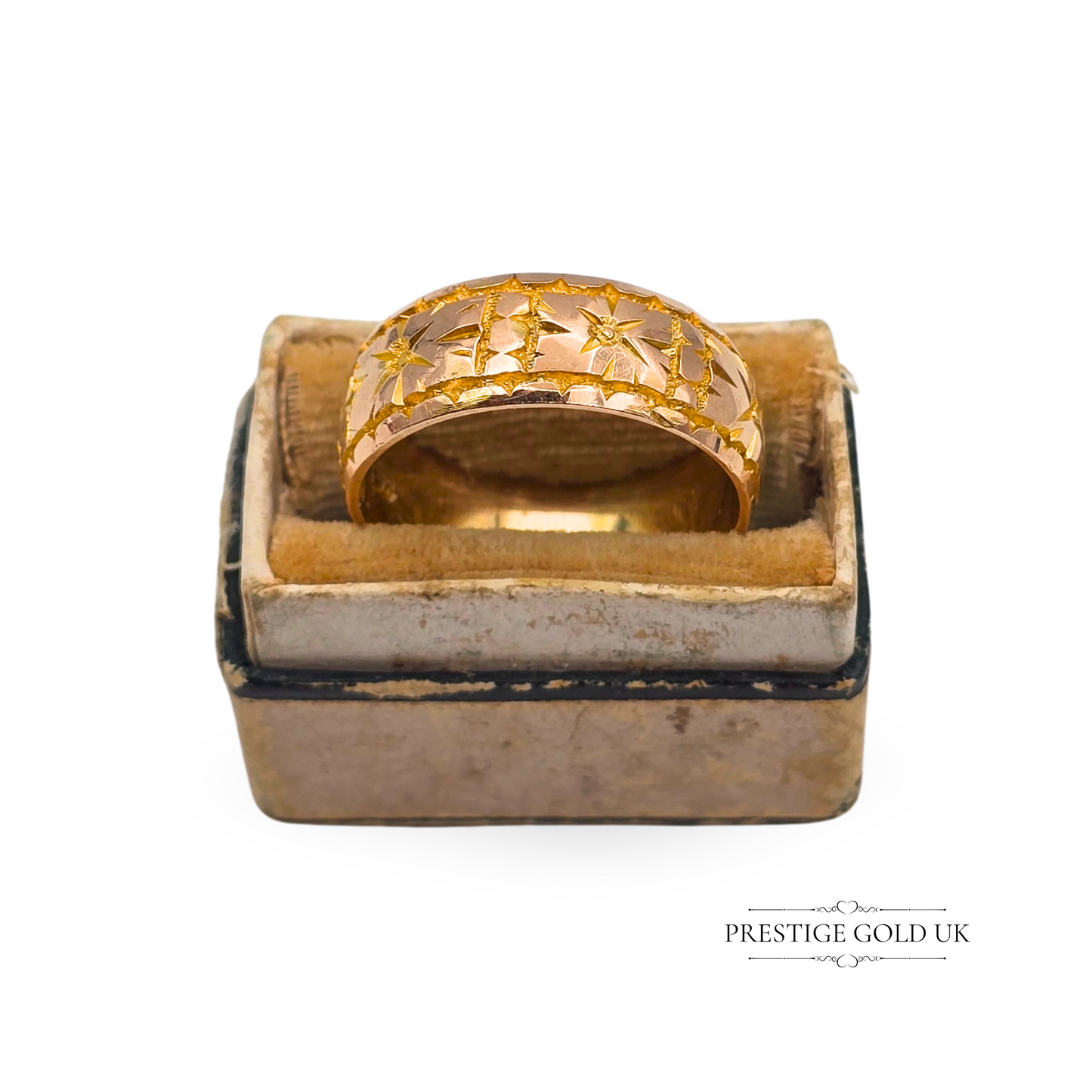 Antique 9ct Rose Gold Band, Star Pattern Hand Engraved Ring 1916, UK N 1/2 US 7