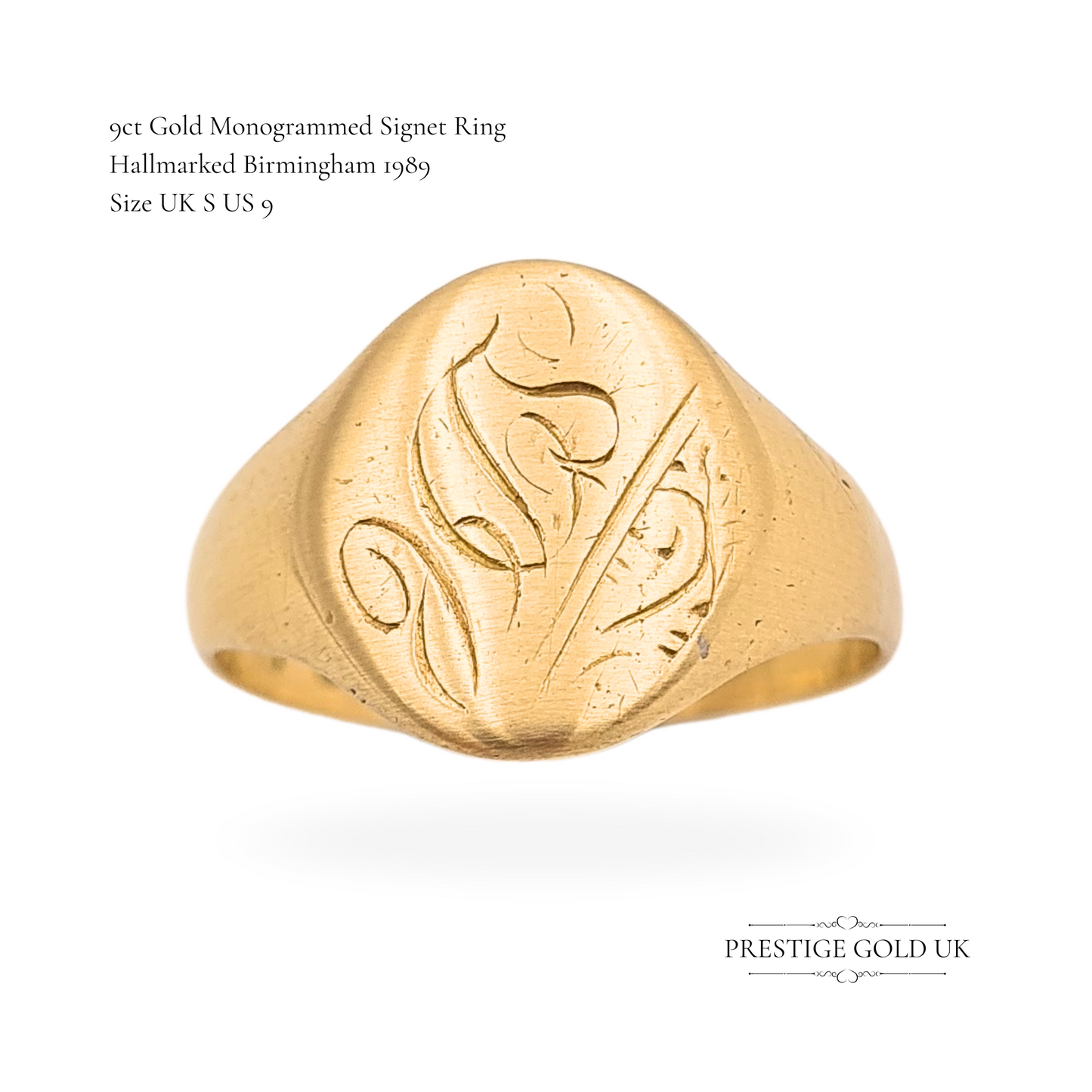 9ct Gold Large Engraved Monogram Signet Ring, UK S US 9, Birmingham 1989