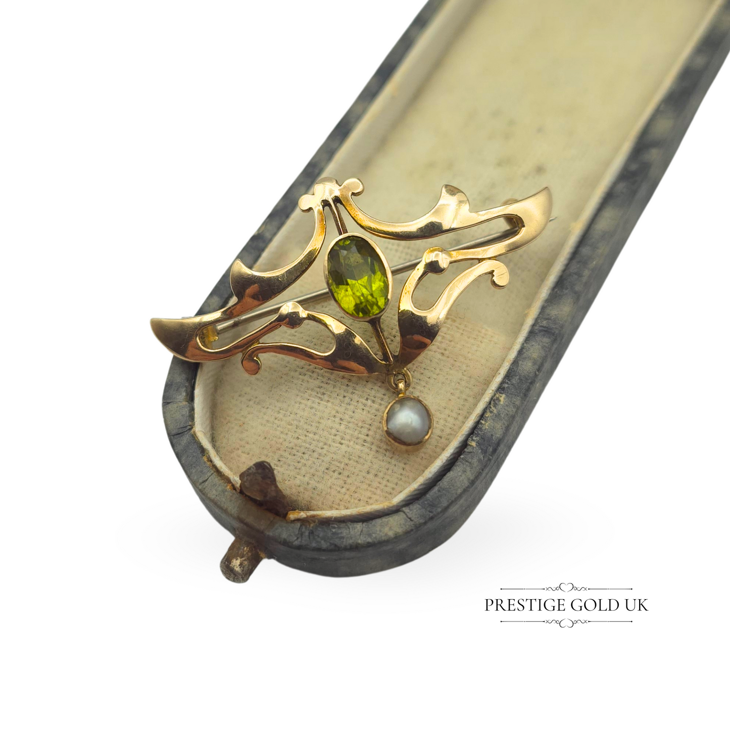 Antique 9ct Gold Art Nouveau Peridot & Pearl Brooch