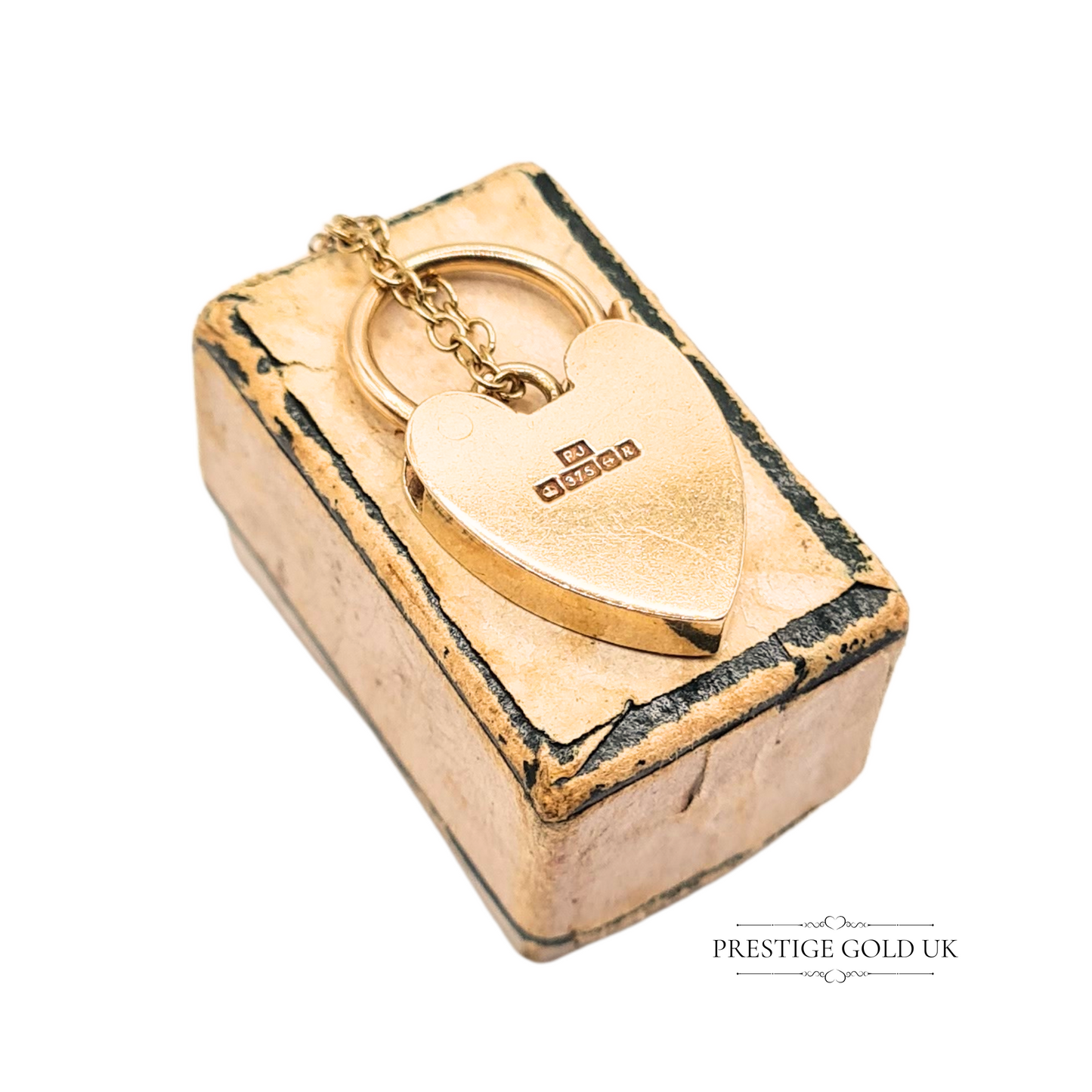 9ct Gold Heart Padlock Charm 1991 PJ Birmingham with 60mm Safety Chain
