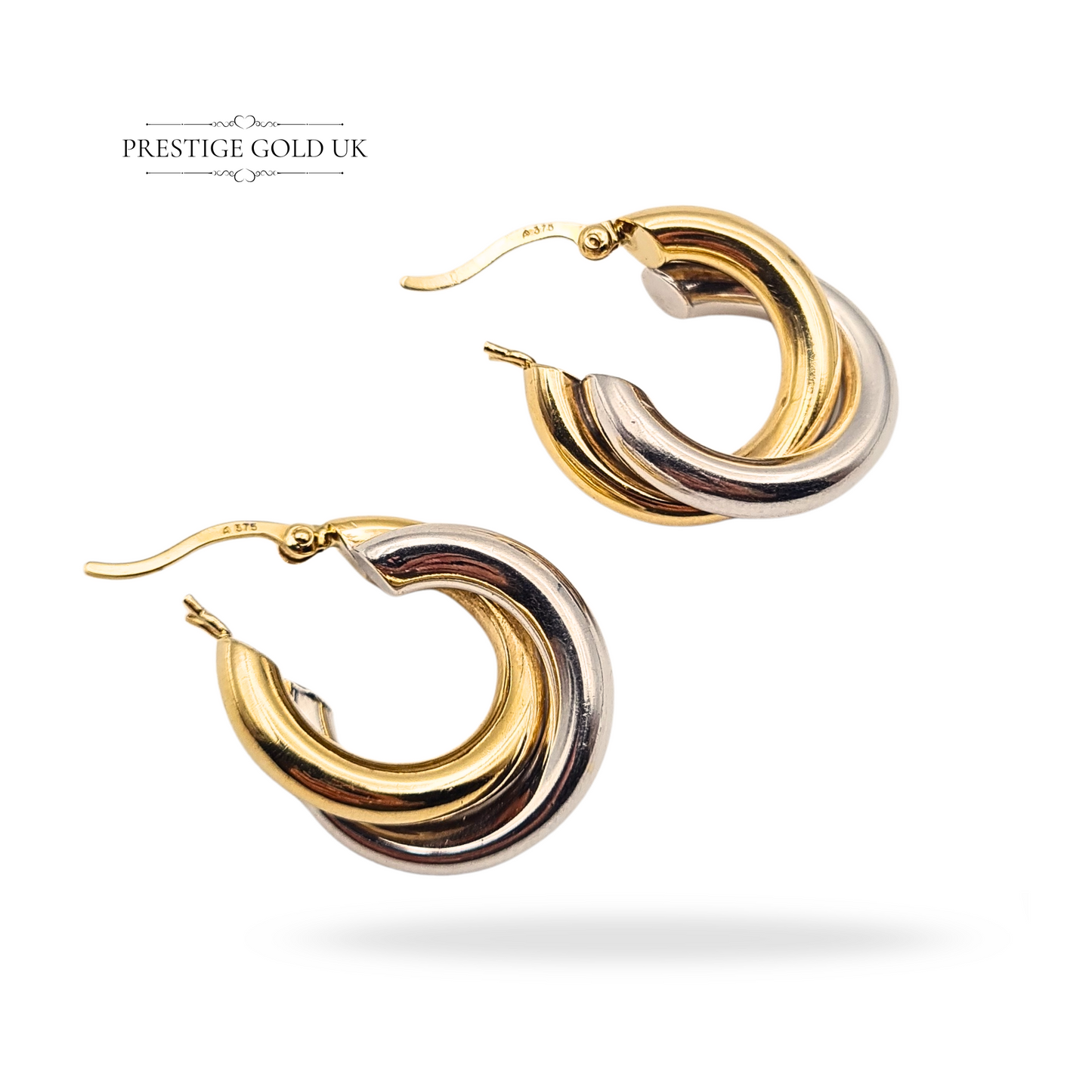 9ct Gold Two Tone Hoop Earrings, Interlocking twist Desing