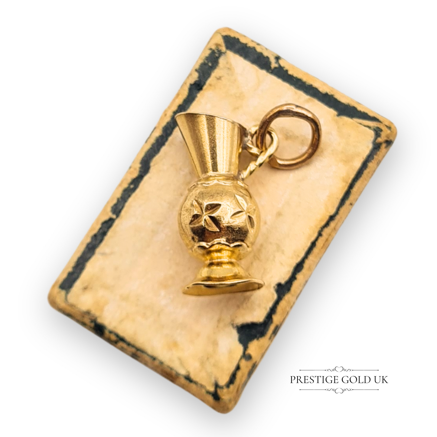 9ct Tiny Gold Pouring Jug Charm, Miniature Vase Design, Floral Engraved Detail