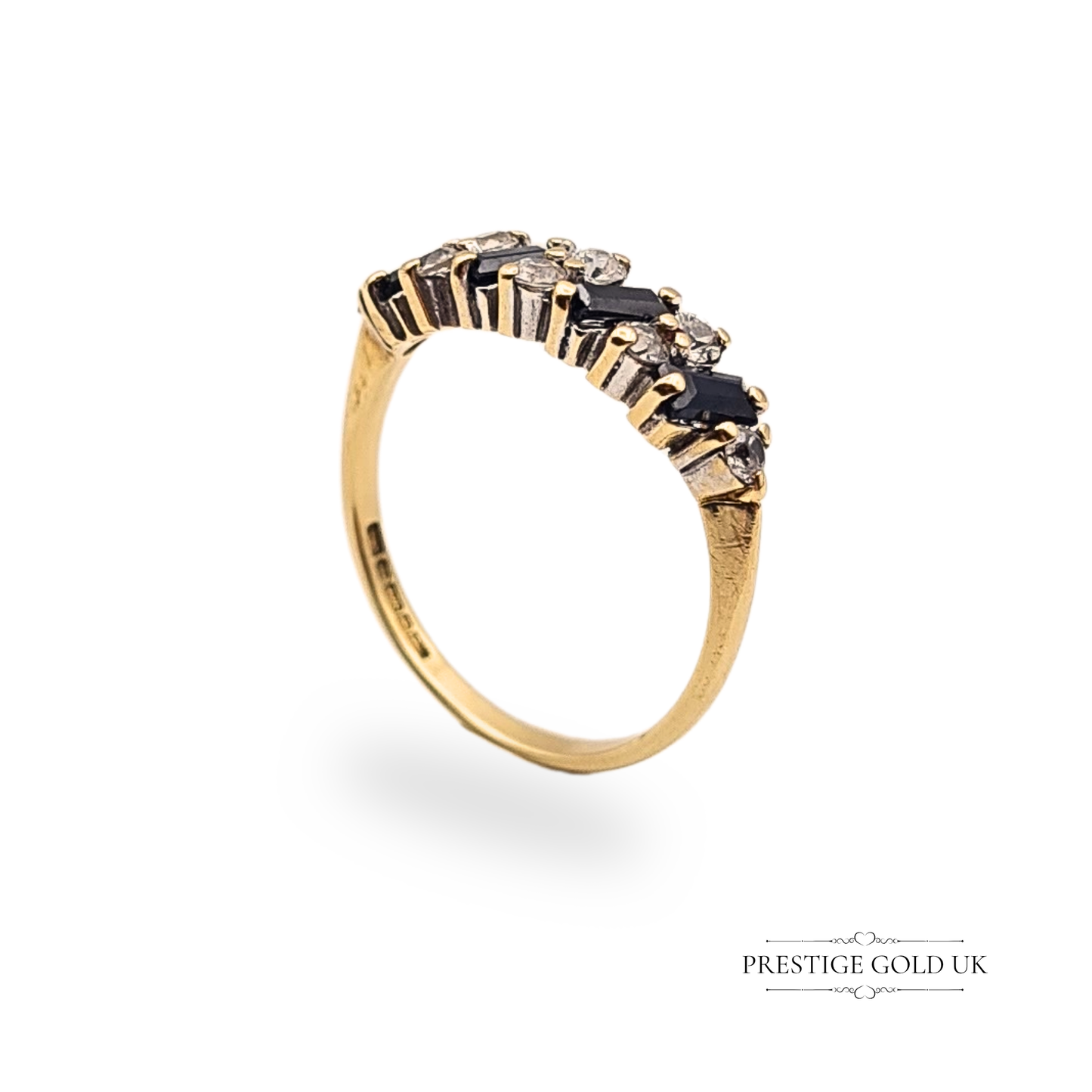 9ct Gold Navy Sapphire CZ Half Eternity Ring UK M US 6 1/2 Baguette Cut Stones