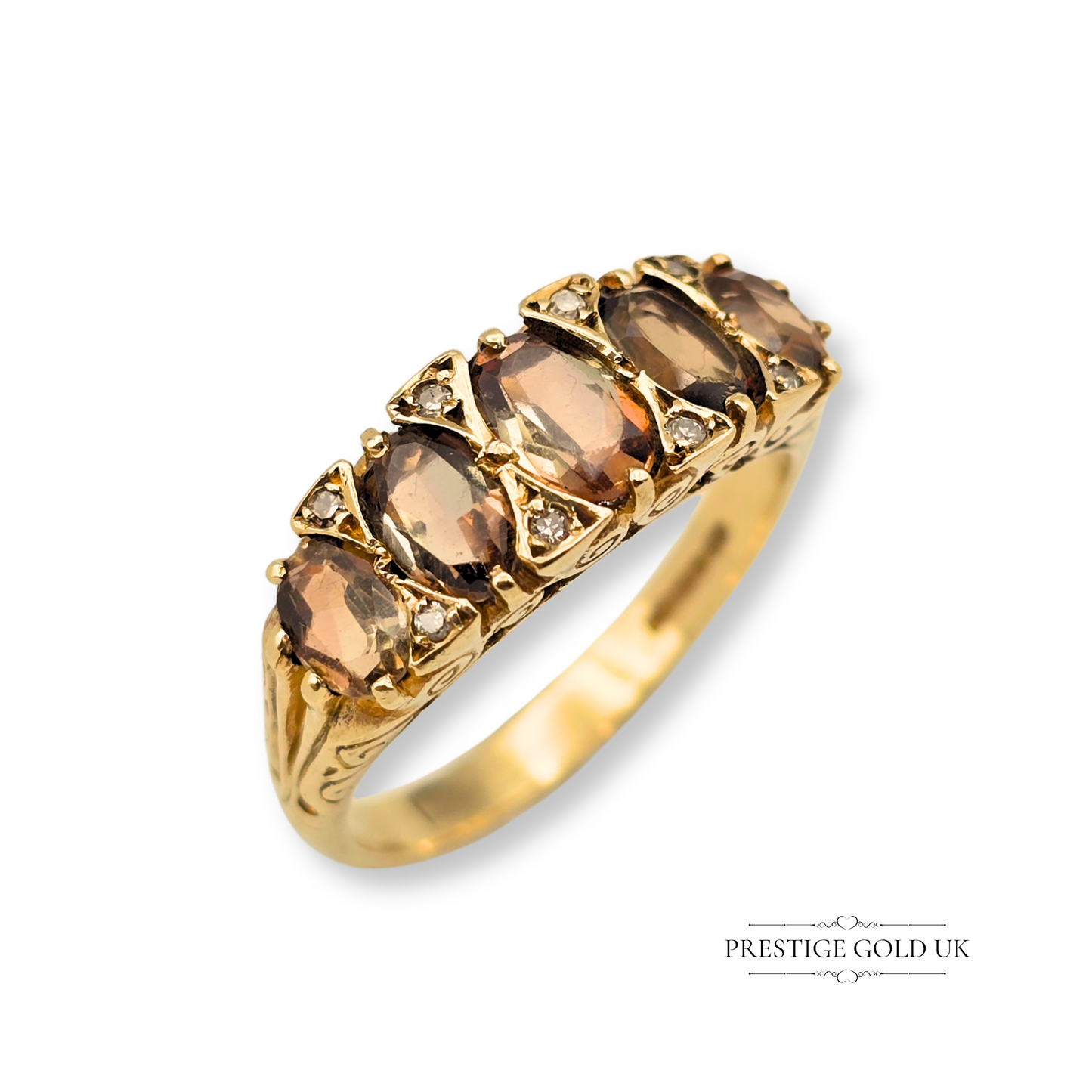 9ct Gold Multistone Smokey Quartz & Diamond Ring, UK R - US 8 3/4