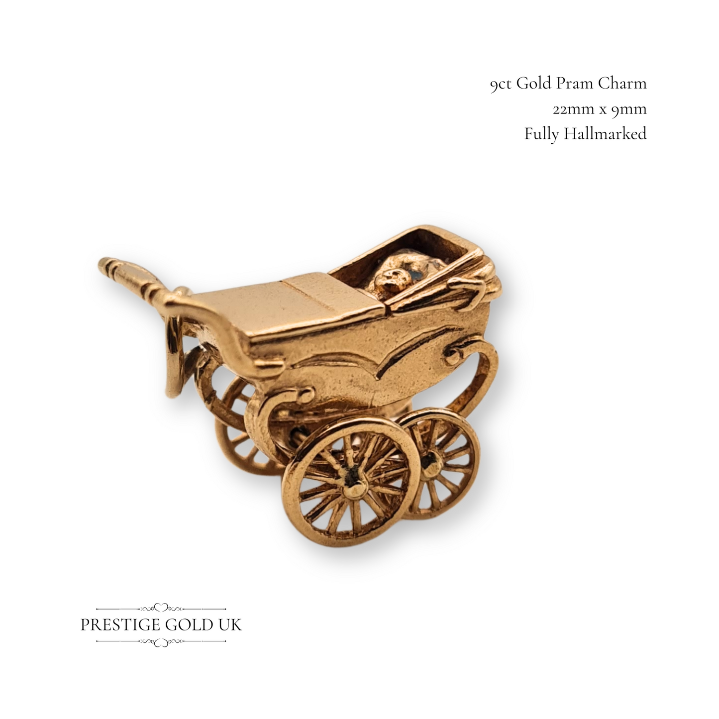 Large 9ct Gold Pram Charm With Baby, Old Fashioned Coach Built Pram