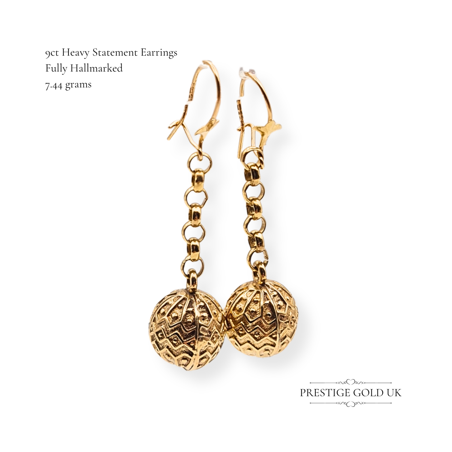 9ct Gold Textured Drop Ball Earrings Unique Ladies Dangle Earrings 44mm long