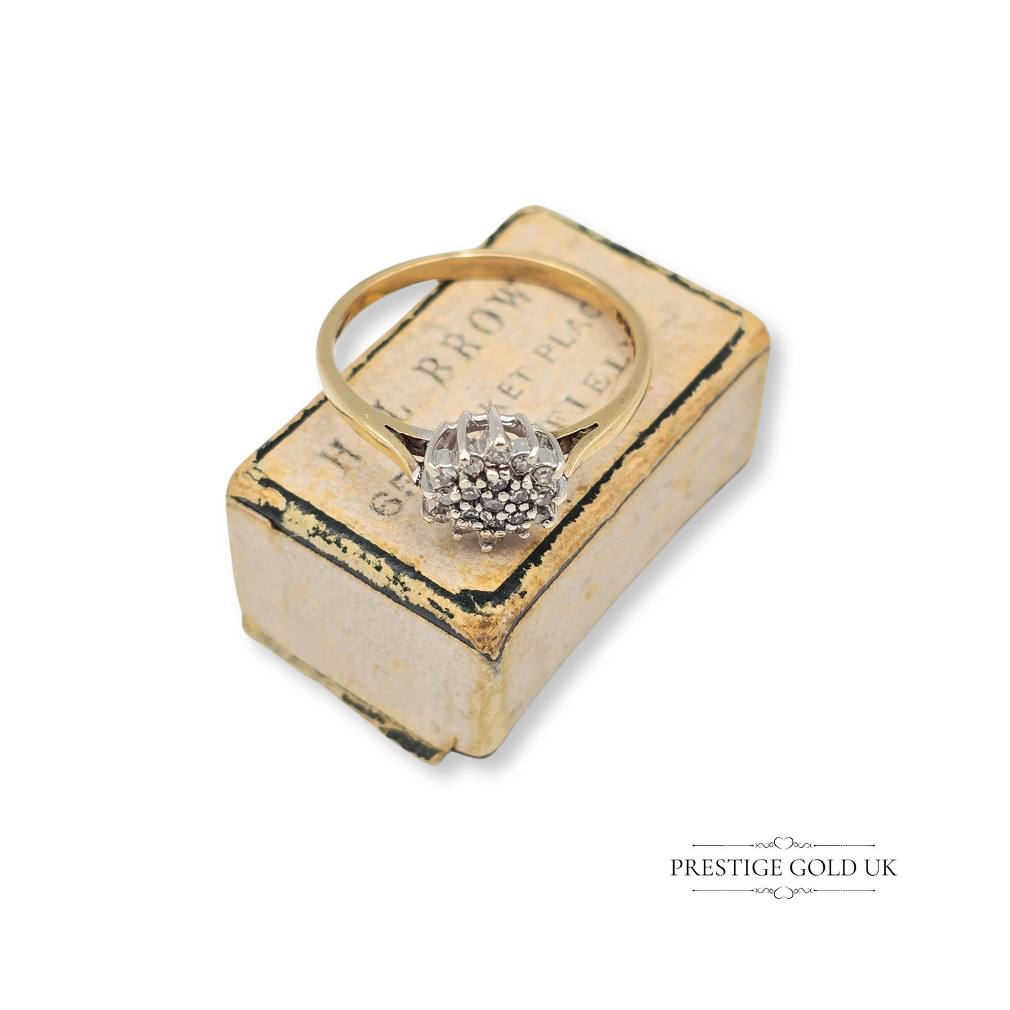 9ct Gold Diamond Cluster Ring, Dainty Engagement Ring Size UK N - US 6 1/2