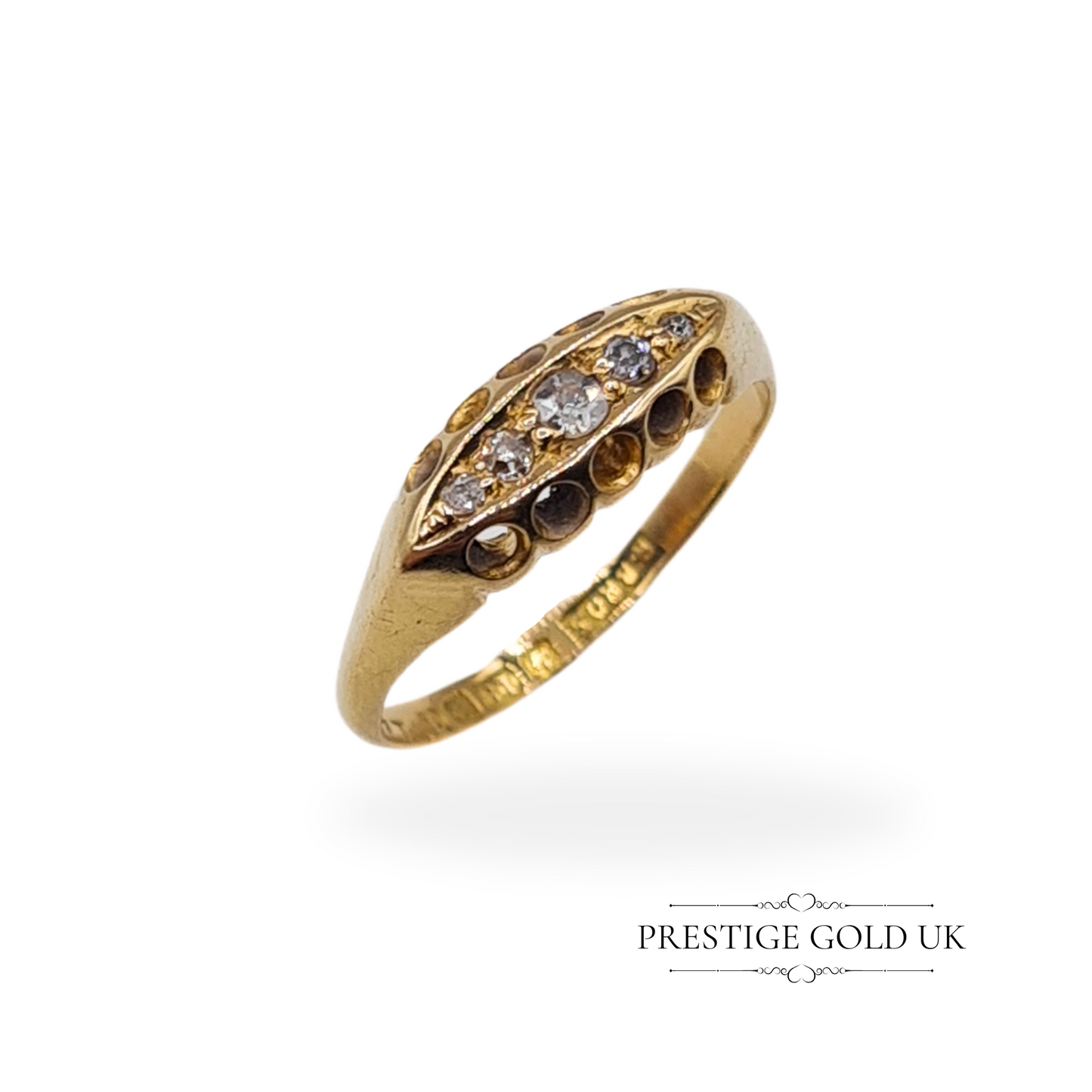 Victorian 18ct gold boat ring with 5 old cut diamonds, featuring a timeless design, hallmarked Birmingham 1915.