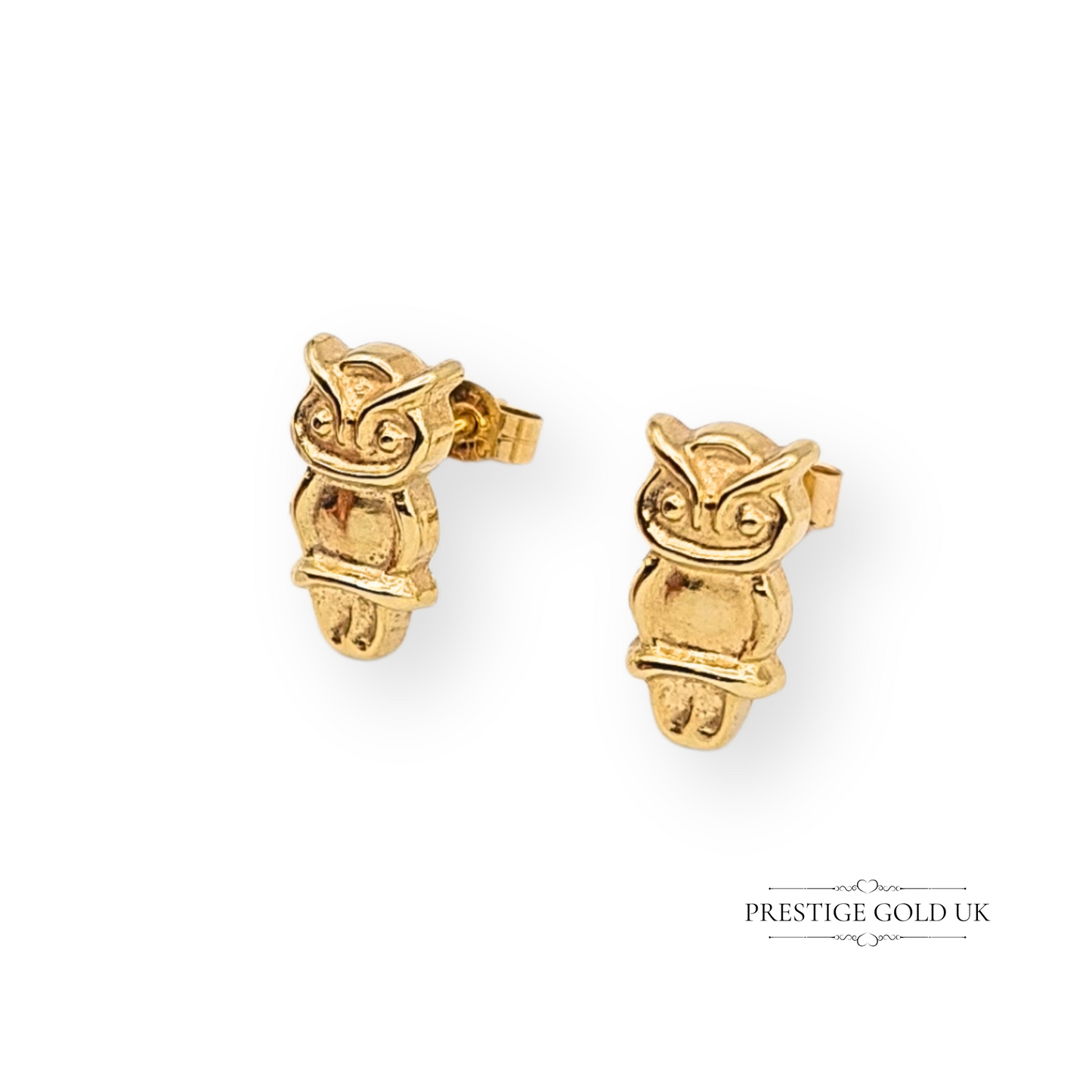 9ct Gold Owl Stud Earrings, Hollow Lightweight Design With Butterfly Backs