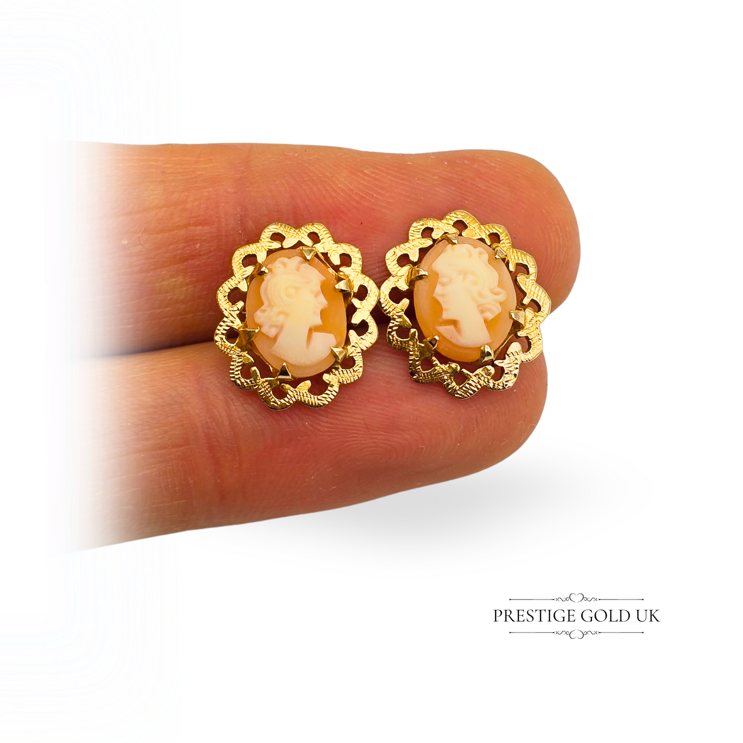 9ct Gold Oval Cameo Earrings, 1989 Birmingham Hallmark, Ornate Oval Shell Studs