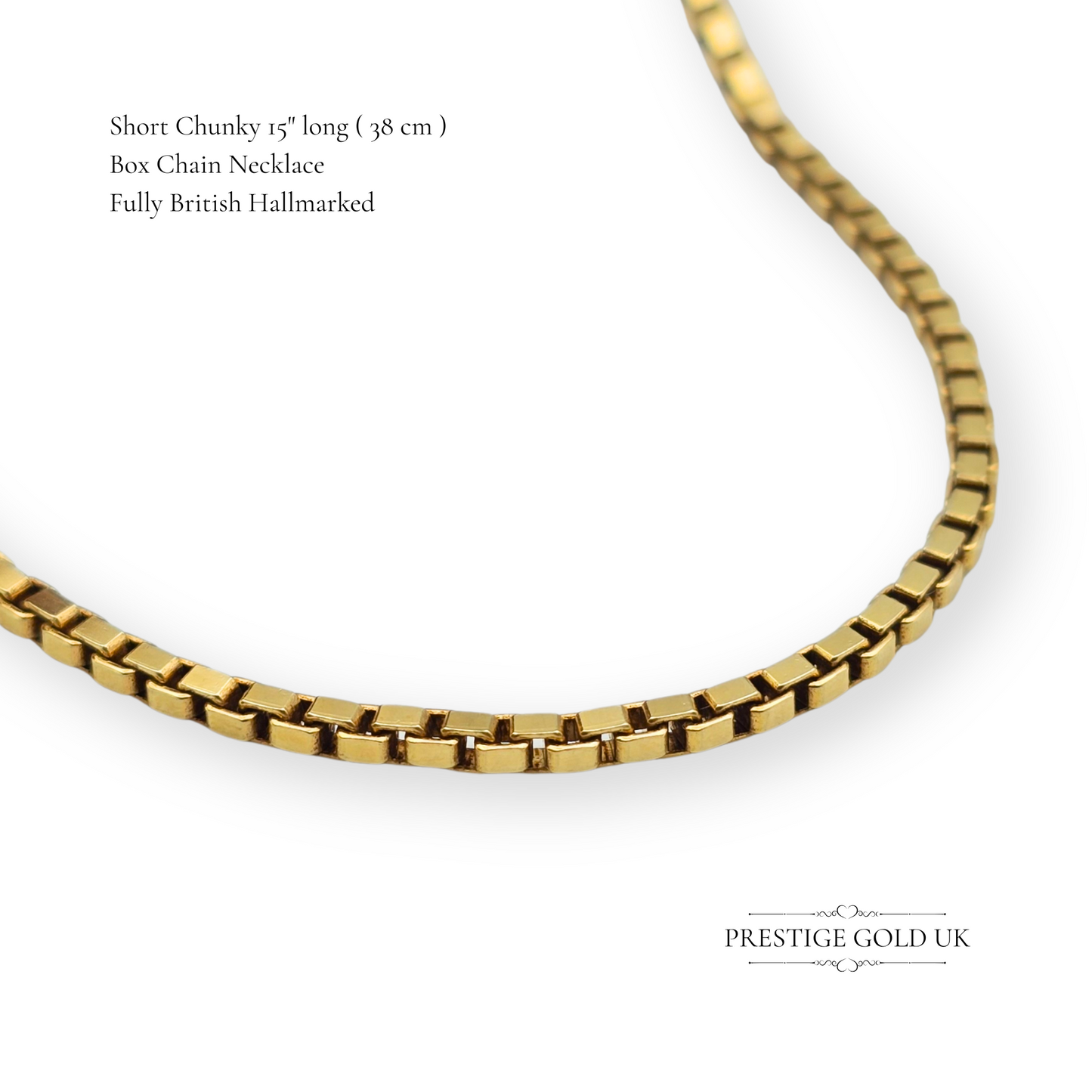 Short 9ct Gold Box Chain Necklace, Chunky Wide Link 15" Long Choker Chain