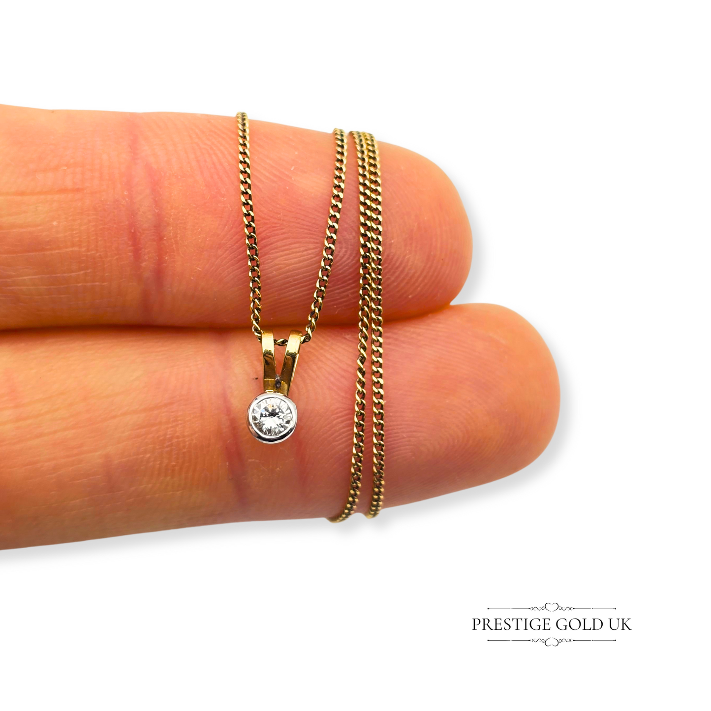 18ct Gold Diamond Pendant 17" Long Curb Chain Necklace, London Hallmark