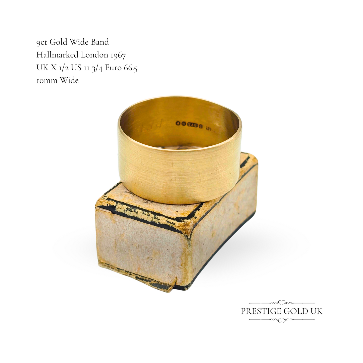 9ct Gold Wide Cigar Band Ring, London Hallmark 1967, UK X 1/2 / US 11 3/4, 10mm