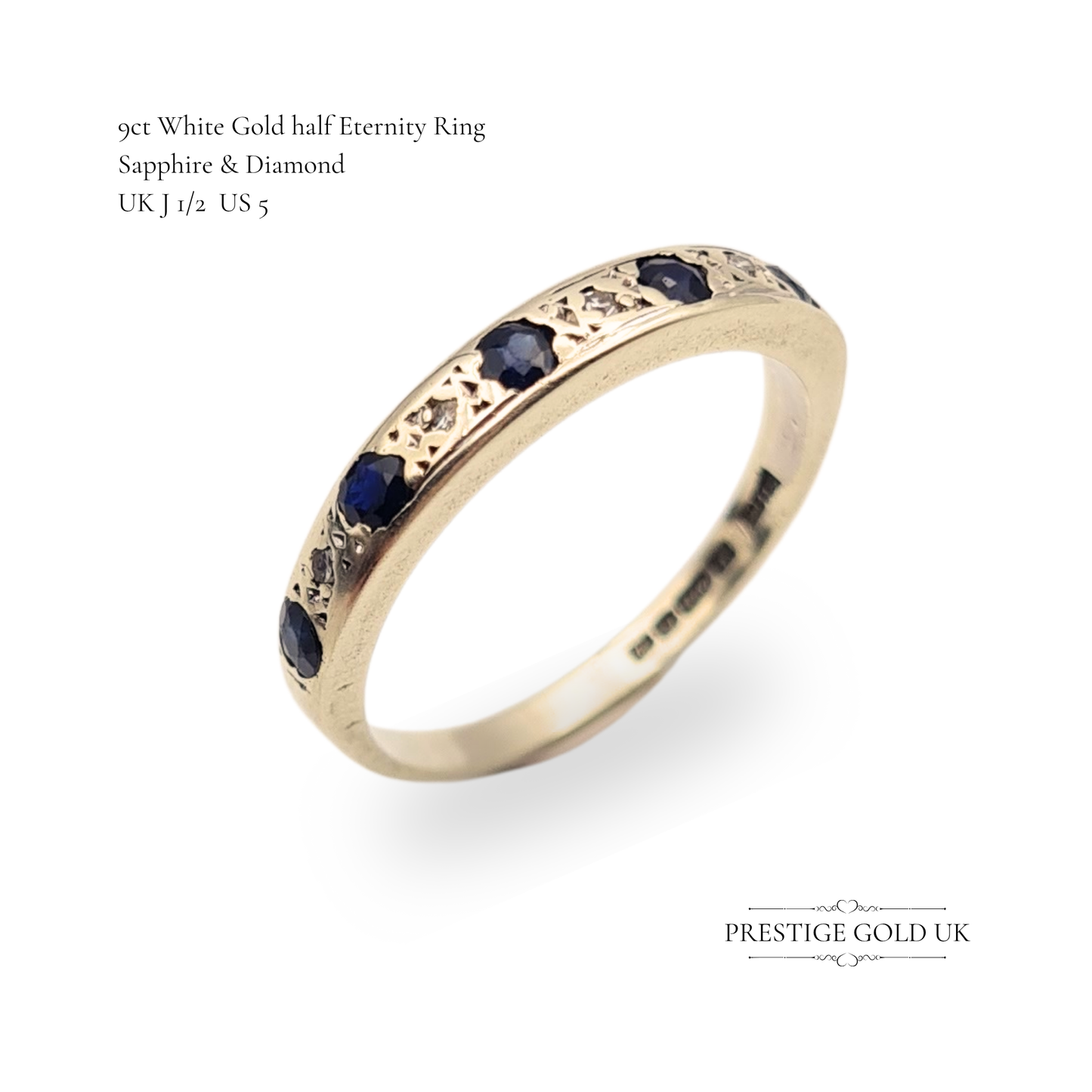9ct White Gold Sapphire Diamond Half Eternity Ring UK J 1/2 US 5 1975