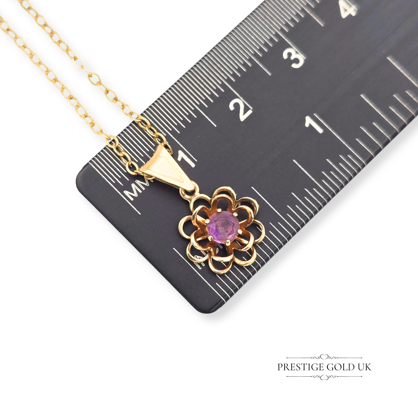 9ct Gold Floral Amethyst Pendant Necklace 18" Chain
