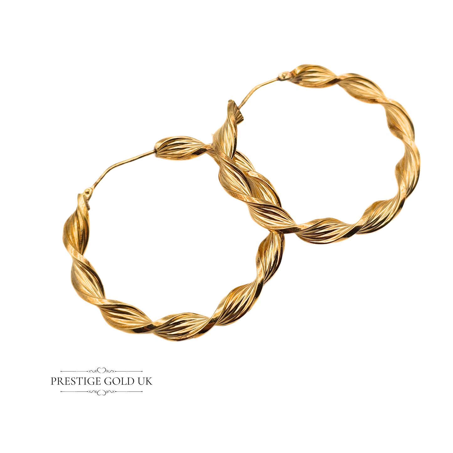 Large Vintage 9ct Gold Twisted Hoop Earrings, 40mm Hollow Hoops, Stamped 375, Flip Top Clasp, 5mm Wide Lightweight Statement Earrings,