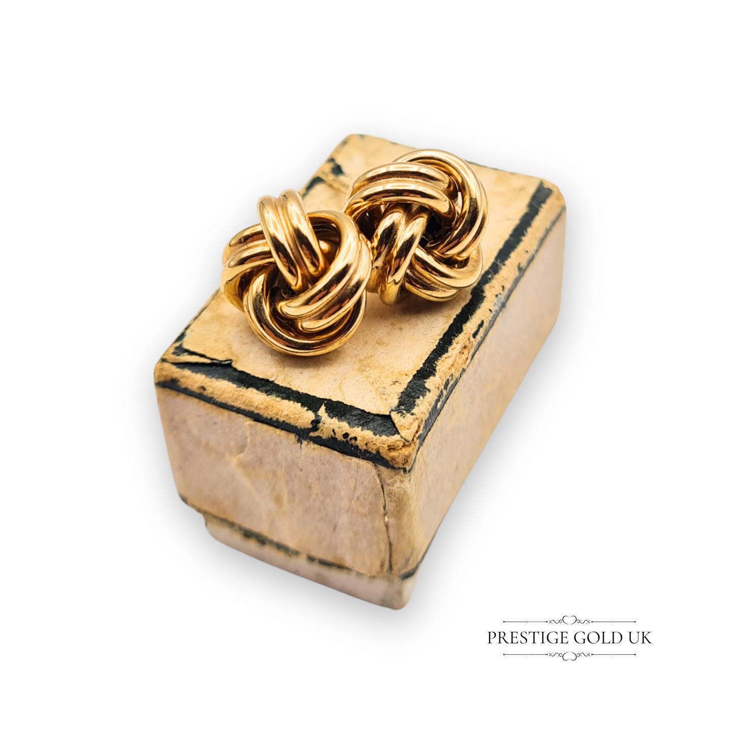 Pair of medium 9ct gold Woolmah knot stud earrings, 18mm by 10mm, polished finish with butterfly backs, stamped 375, classic and elegant gold studs for daily wear or gifting.