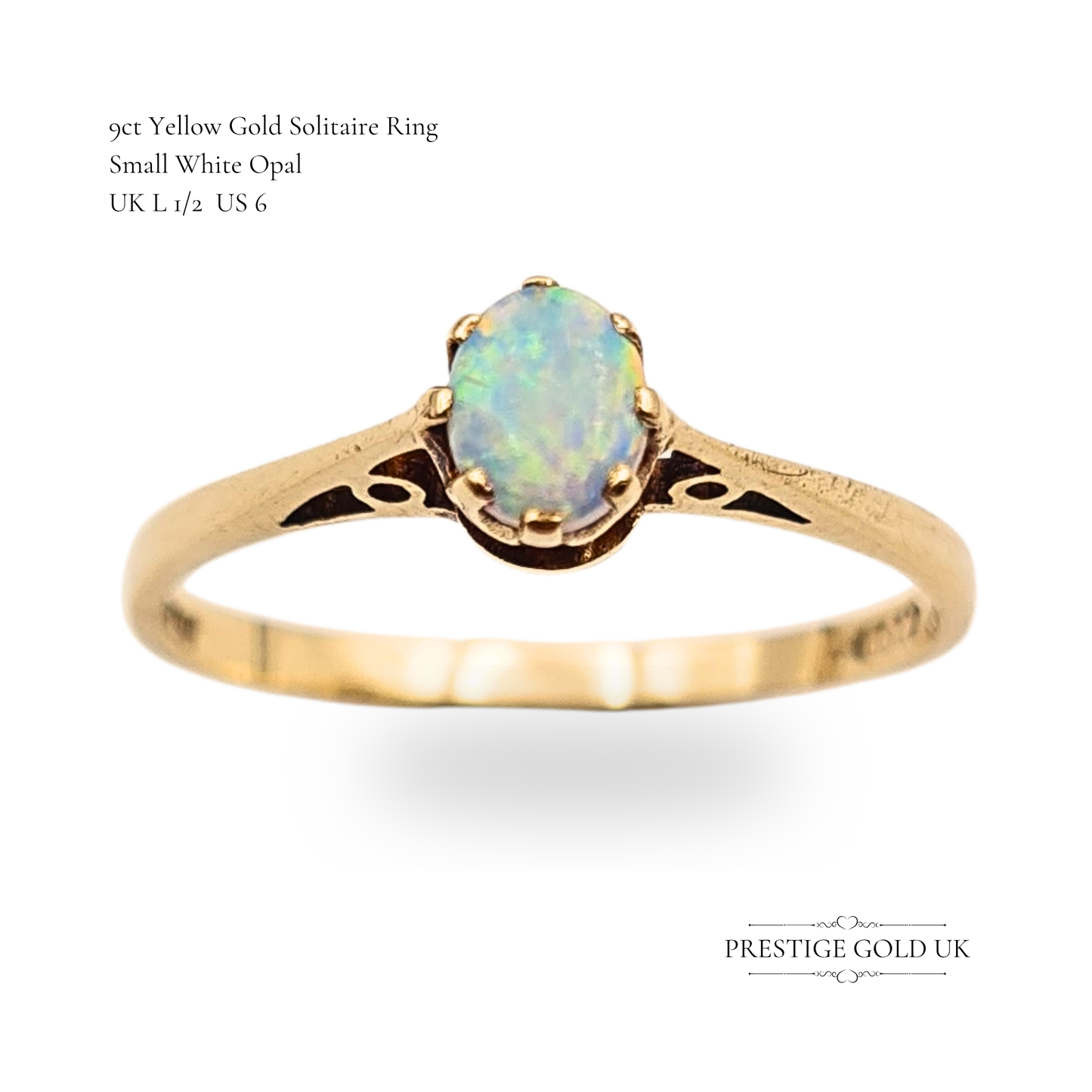 Dainty 9ct Gold White Claw Set Opal Solitaire Ring, Size UK L 1/2 / US 6