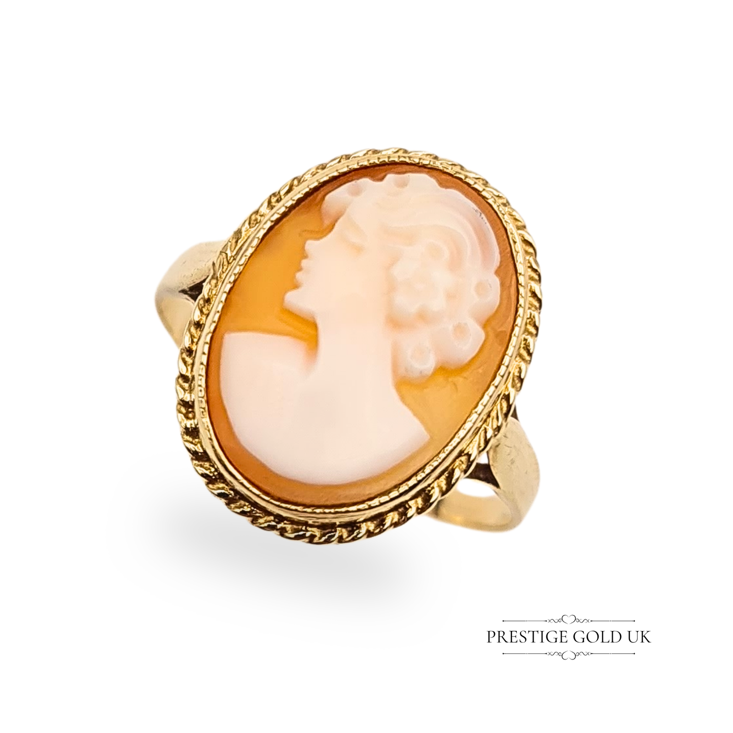 Vintage 9ct Gold Cameo Ring, Hand Carved Shell Female Portrait, Size UK N / US 7