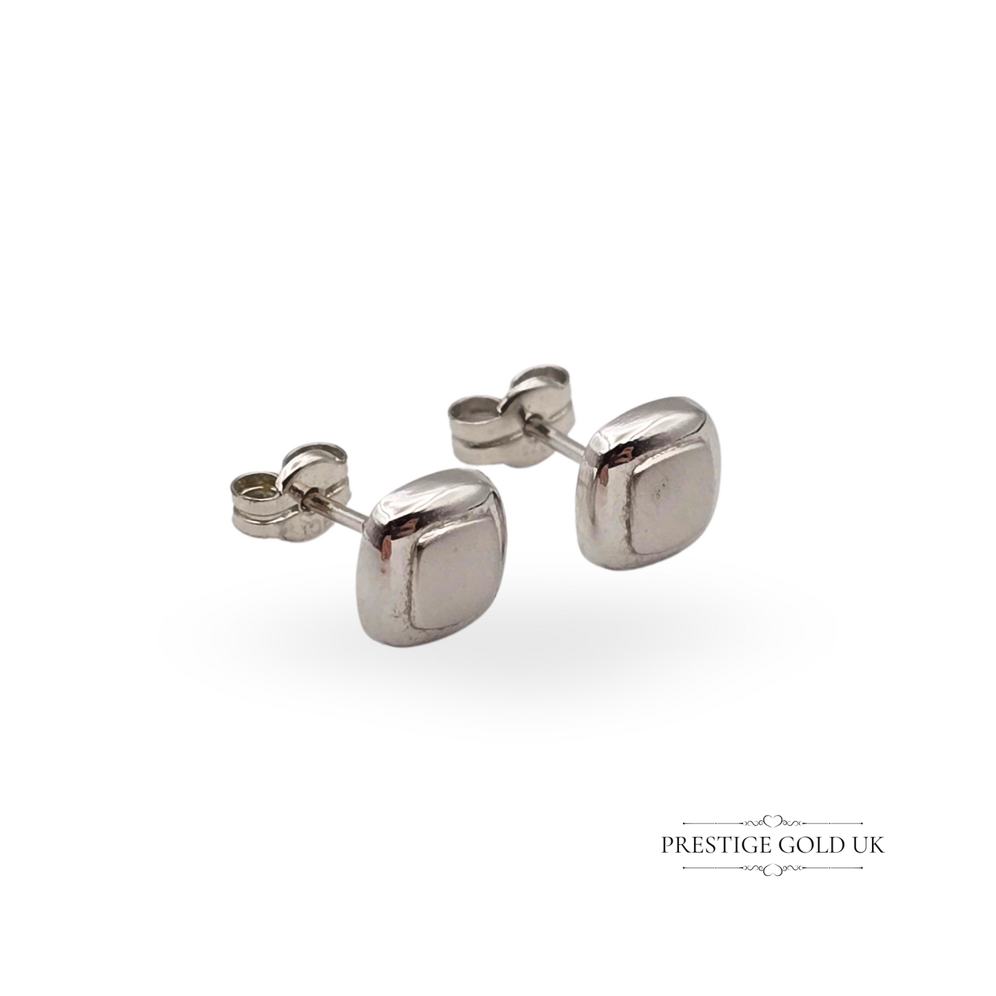 9ct White Gold Rounded Square Stud Earrings, Polished & Satin White Gold