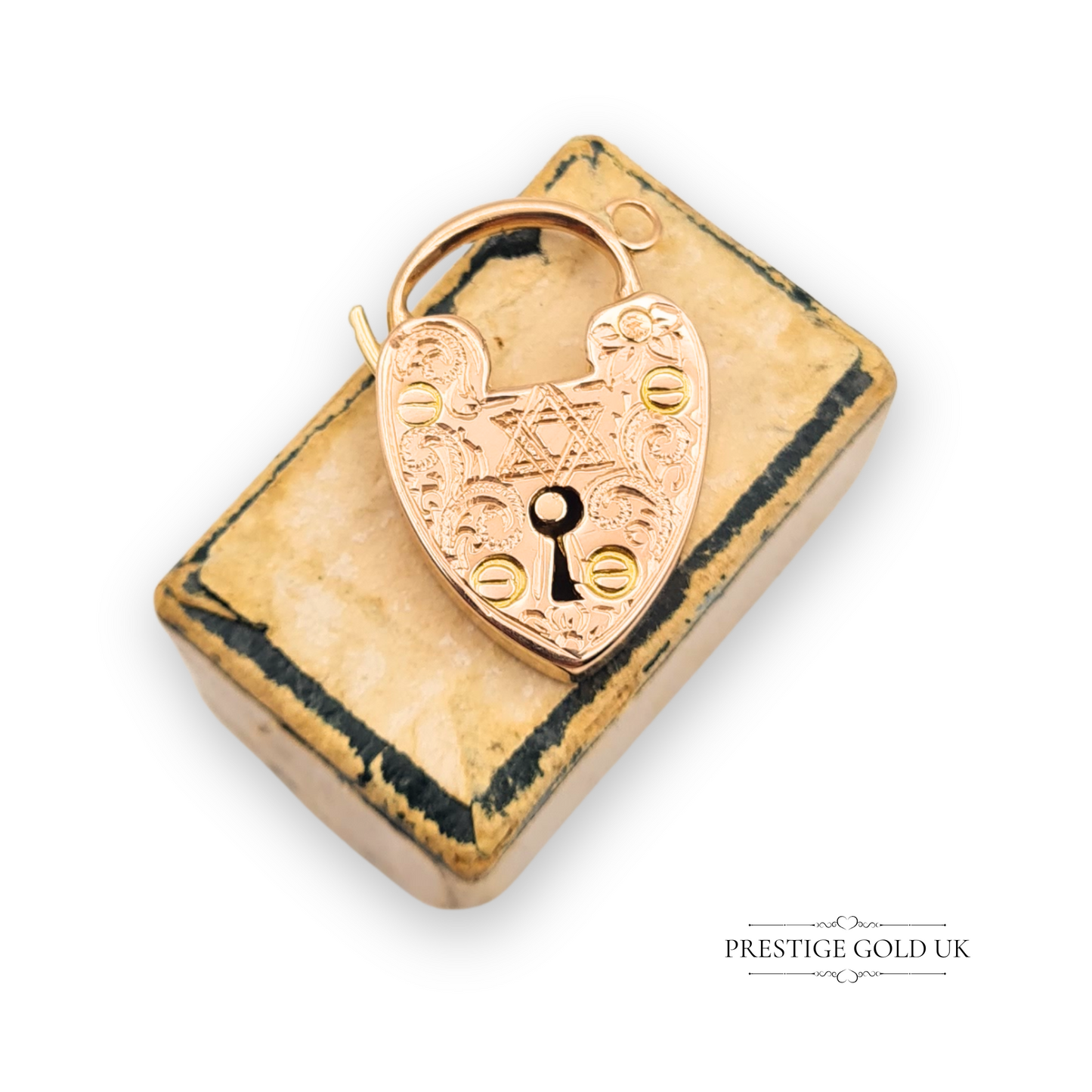 Large 9ct Rose Gold Antique Padlock Pendant, Engraved Star of David