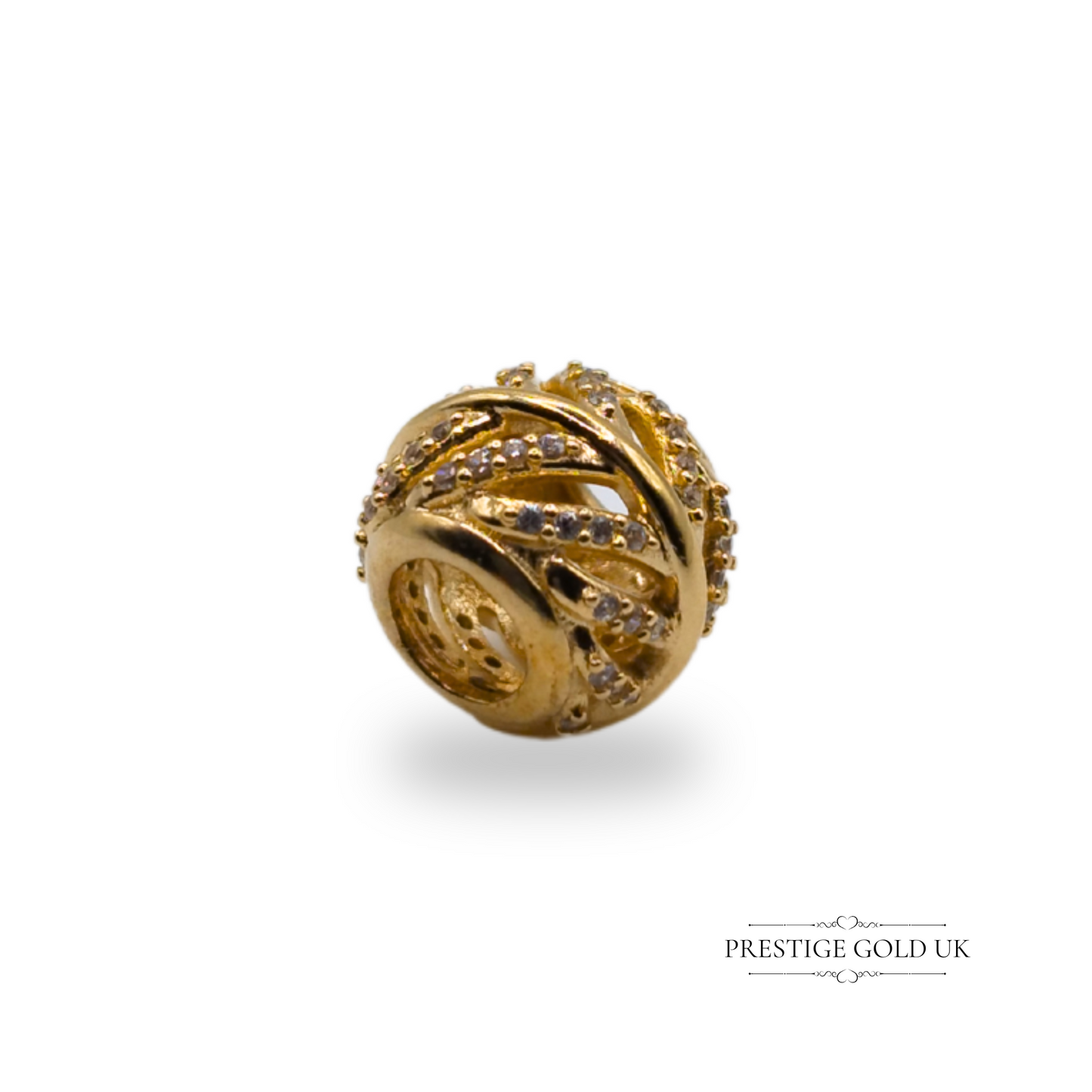 "14ct gold Pandora 'Light as a Feather' charm bead with cubic zirconia detailing, measuring 10 x 8mm, marked G585 ALE, shown with scale and hand for size reference."