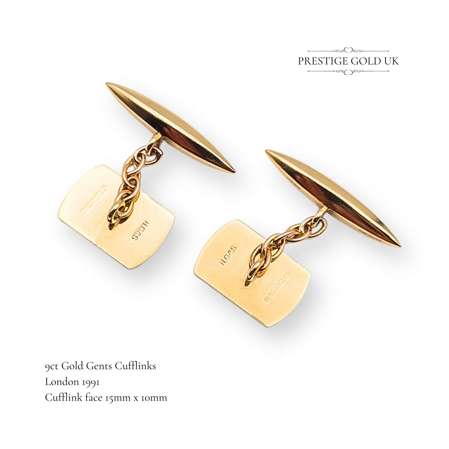 9ct Gold Gents Cufflinks, Chain Link Torpedo Back Vintage Gold Cufflinks