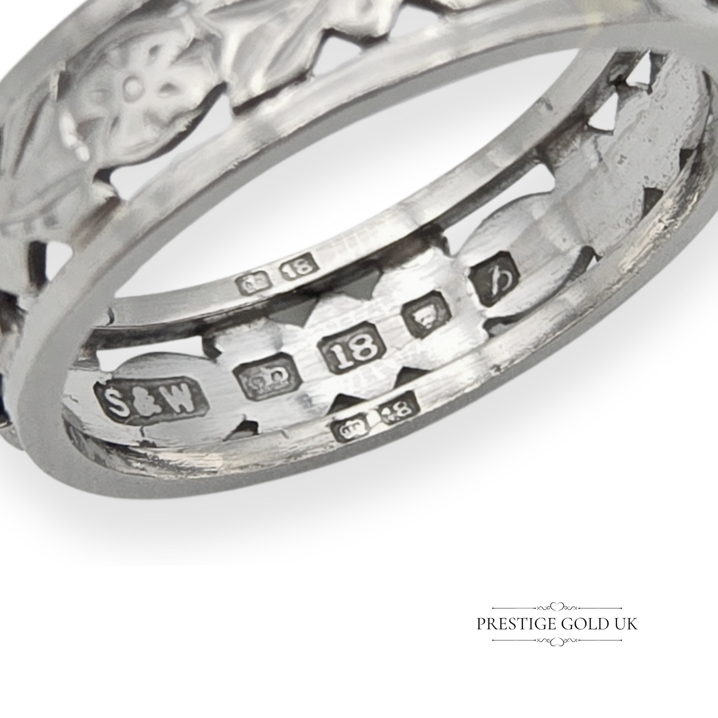 18ct White Gold Floral Hollow Ring, Fully Hallmarked London 1957, Size UK N US 6 3/4