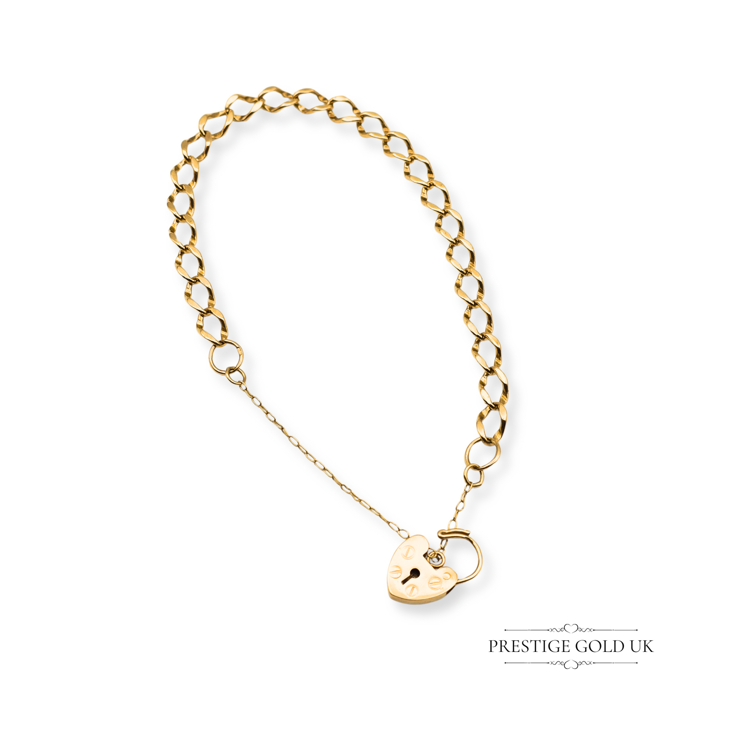 7" Long 9ct Gold Heart Padlock Bracelet, Small Heart Padlock Clasp