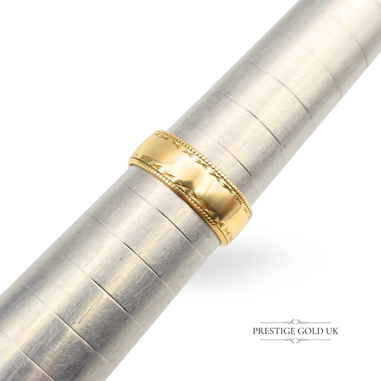 9ct Gold Engraved Wedding Ring, 6mm Wide Band, UK J US 5, Hallmarked London 1992