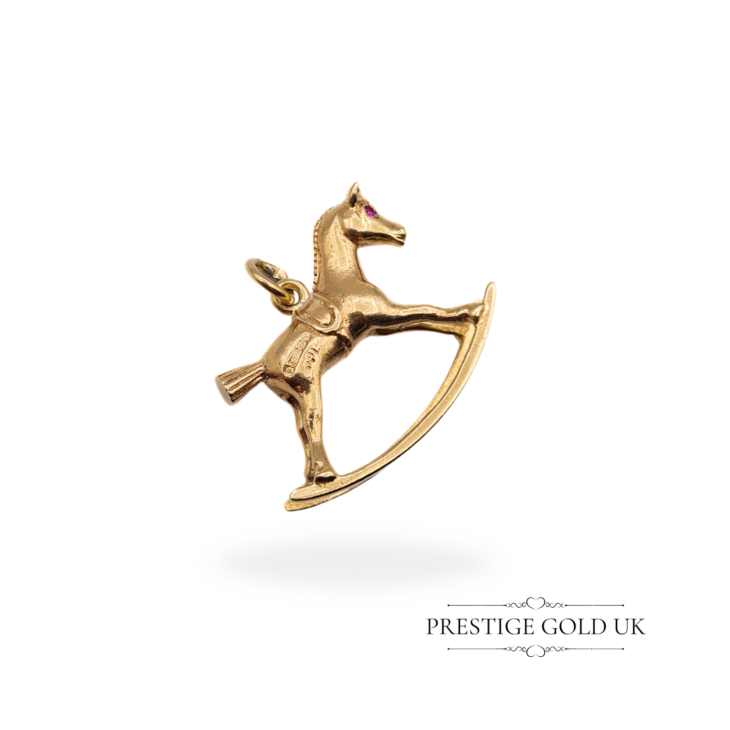 Vintage 9ct Gold Solid Rocking Horse Charm with Red Stone Eyes