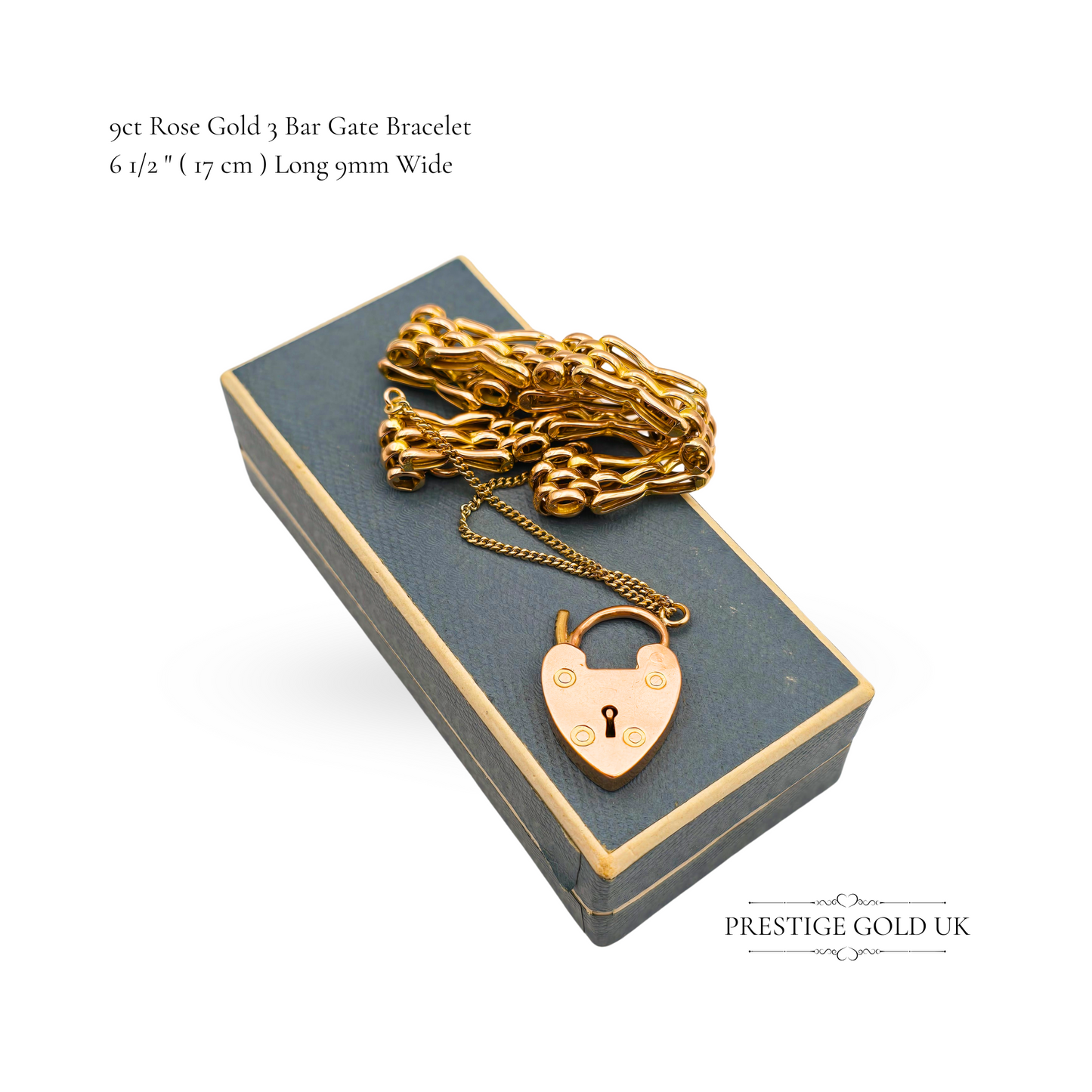 9ct Rose Gold Gate Bracelet - 3 Bar Fancy Link Gate Bracelet - Heart Padlock