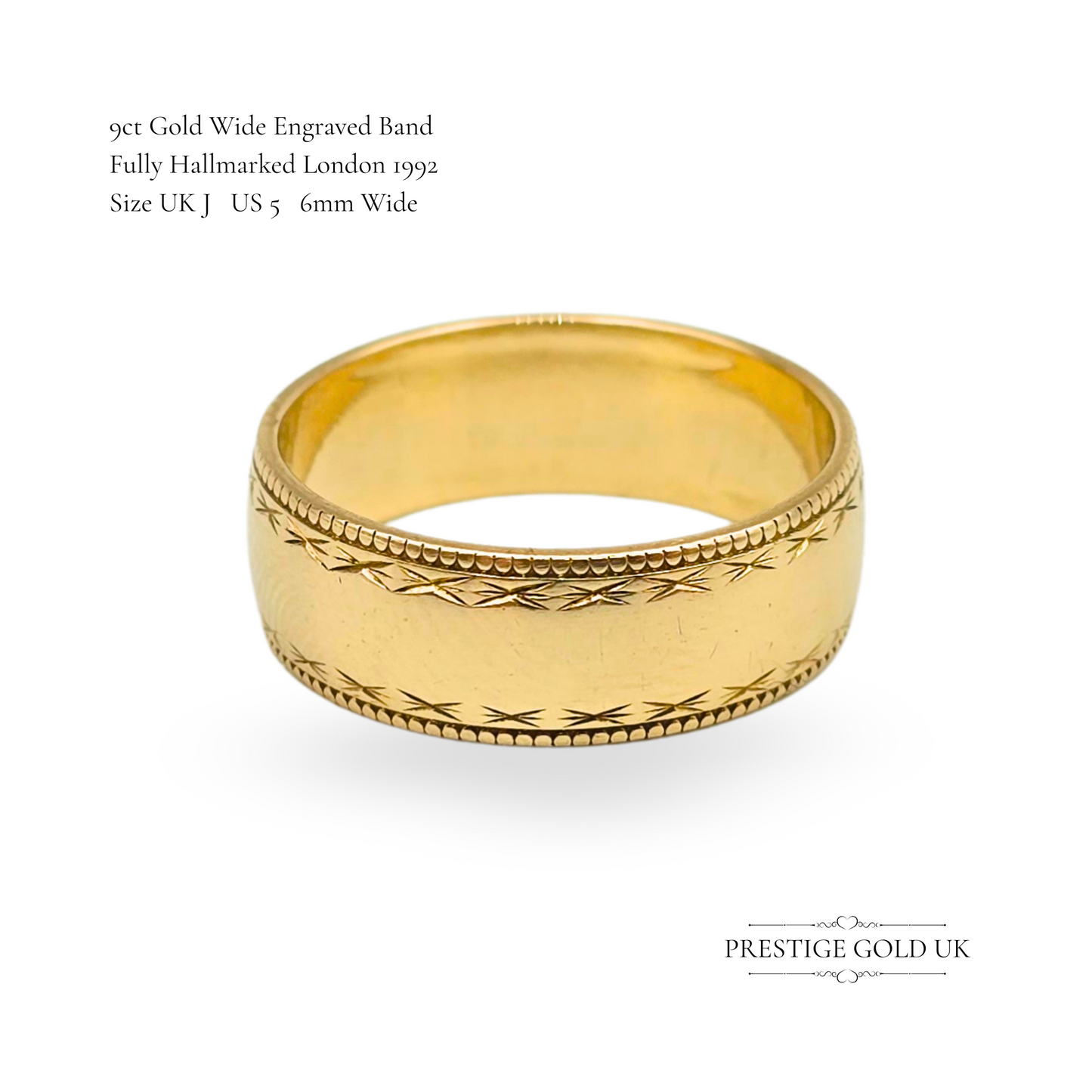 9ct Gold Engraved Wedding Ring, 6mm Wide Band, UK J US 5, Hallmarked London 1992