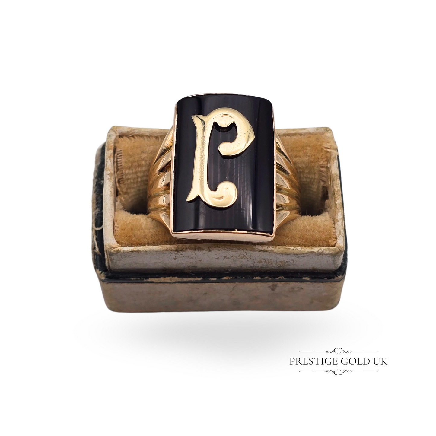 9ct Gold & Black Onyx Signet Ring P Initial, Rectangular Face UK L 1/2 US 6