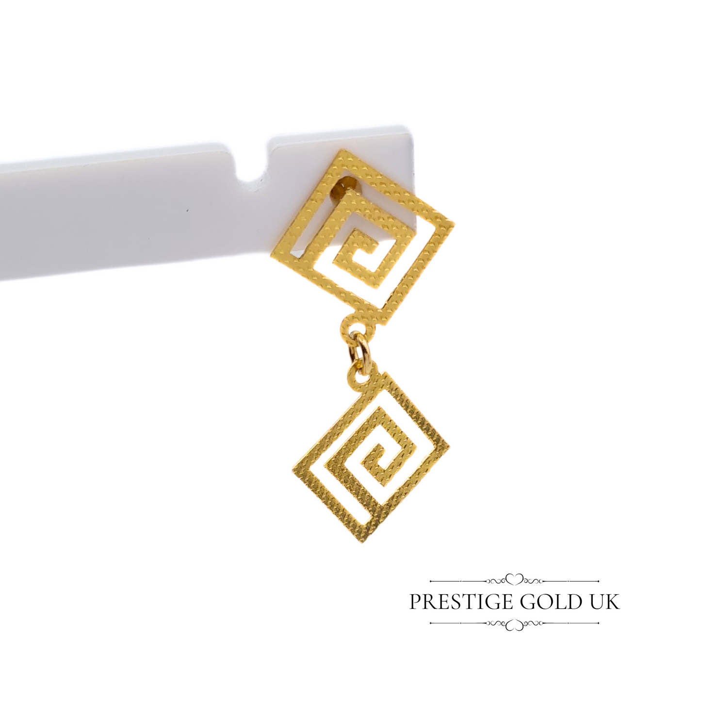Vintage 14ct Gold Greek Key Dangle Earrings – 30mm Drop, Stamped 585, Lightweight Geometric Design
