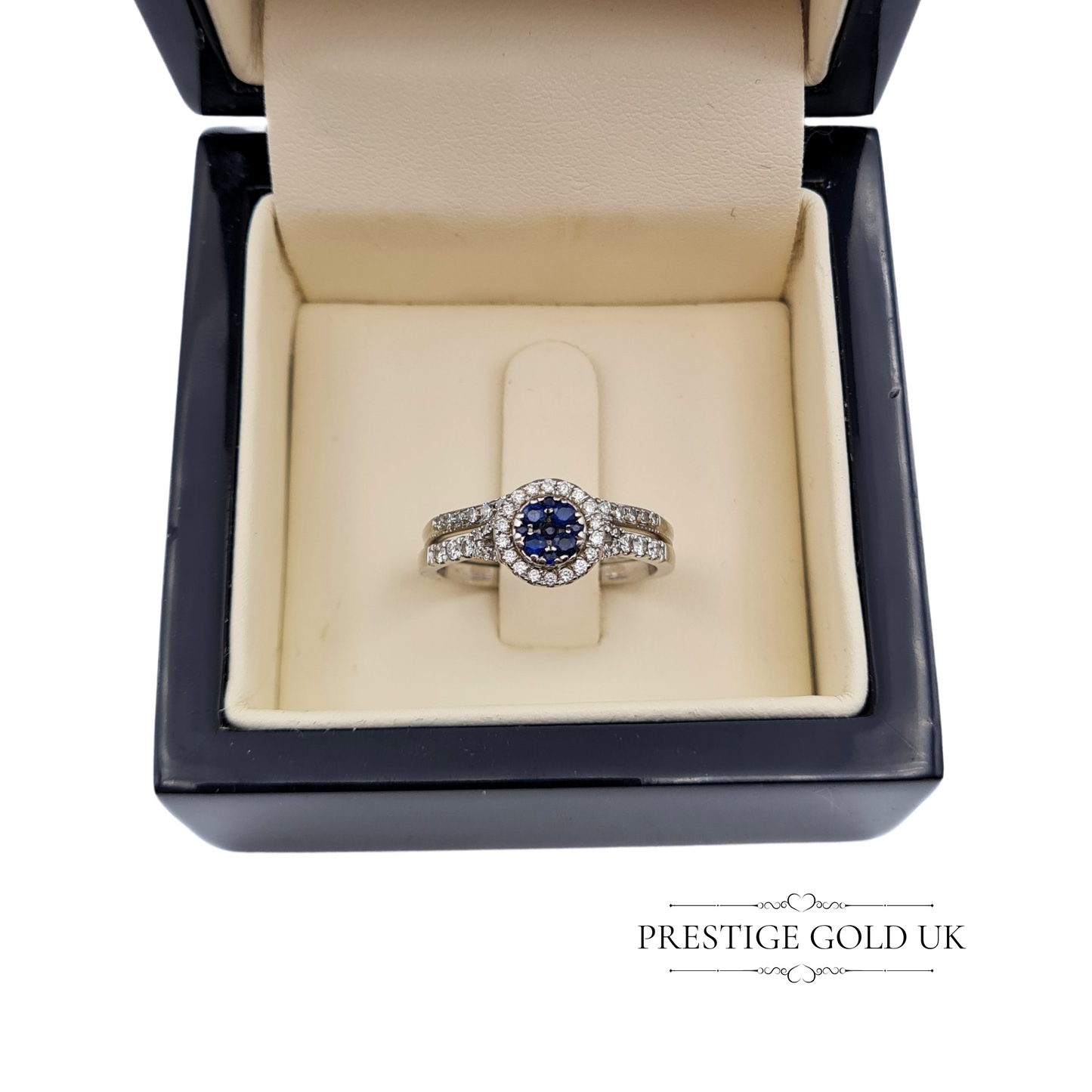 18ct White Gold Sapphire and Diamond Halo Engagement Ring & Wedding Band Set