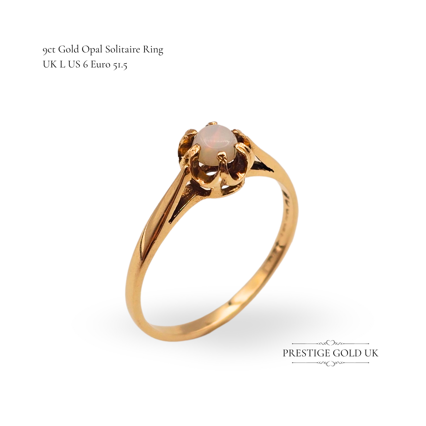 9ct Gold Opal Solitaire Ring, Claw Set Round Opal, UK L / US 6 Pinky Ring