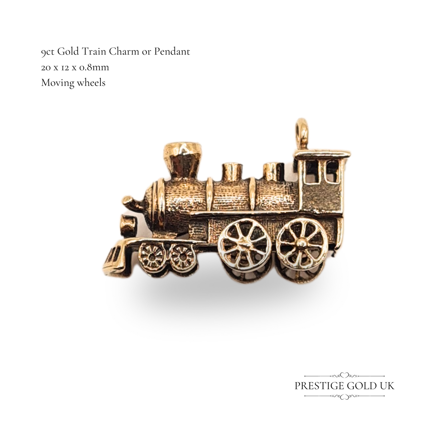 9ct Gold Train Charm Pendant Hallmarked London Moving Wheels