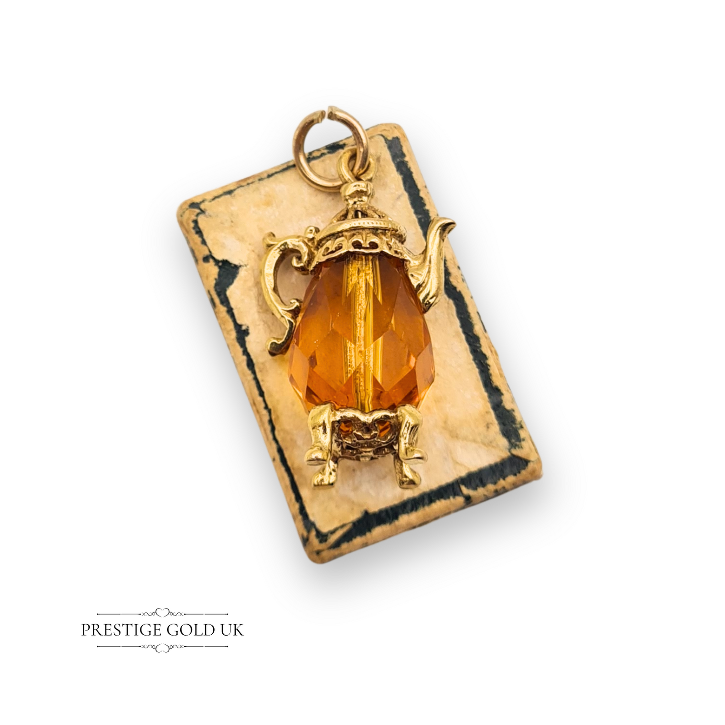 9ct Gold Vintage Teapot Coffee Pot Charm With Orange Faceted Crystal