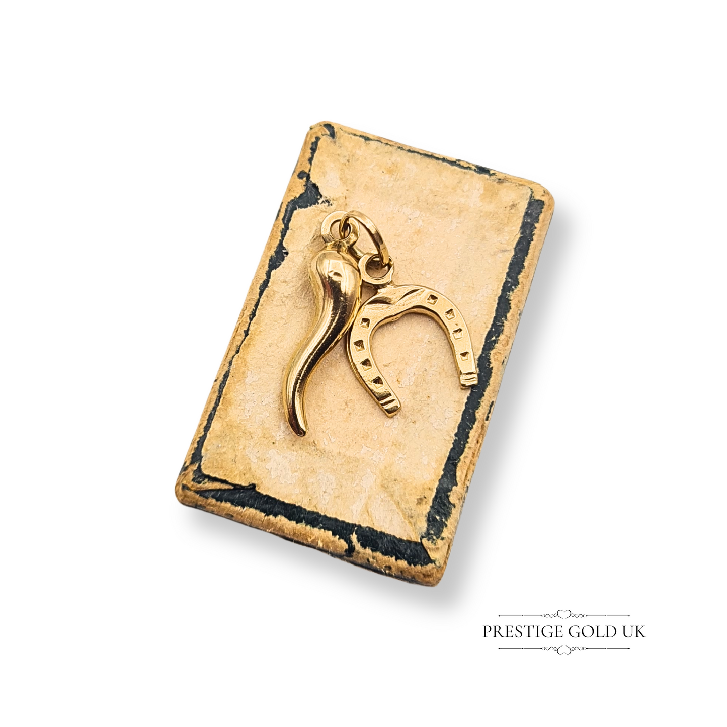 Tiny 9ct Gold Horn & Horseshoe Charm Set Lightweight Lucky Symbols