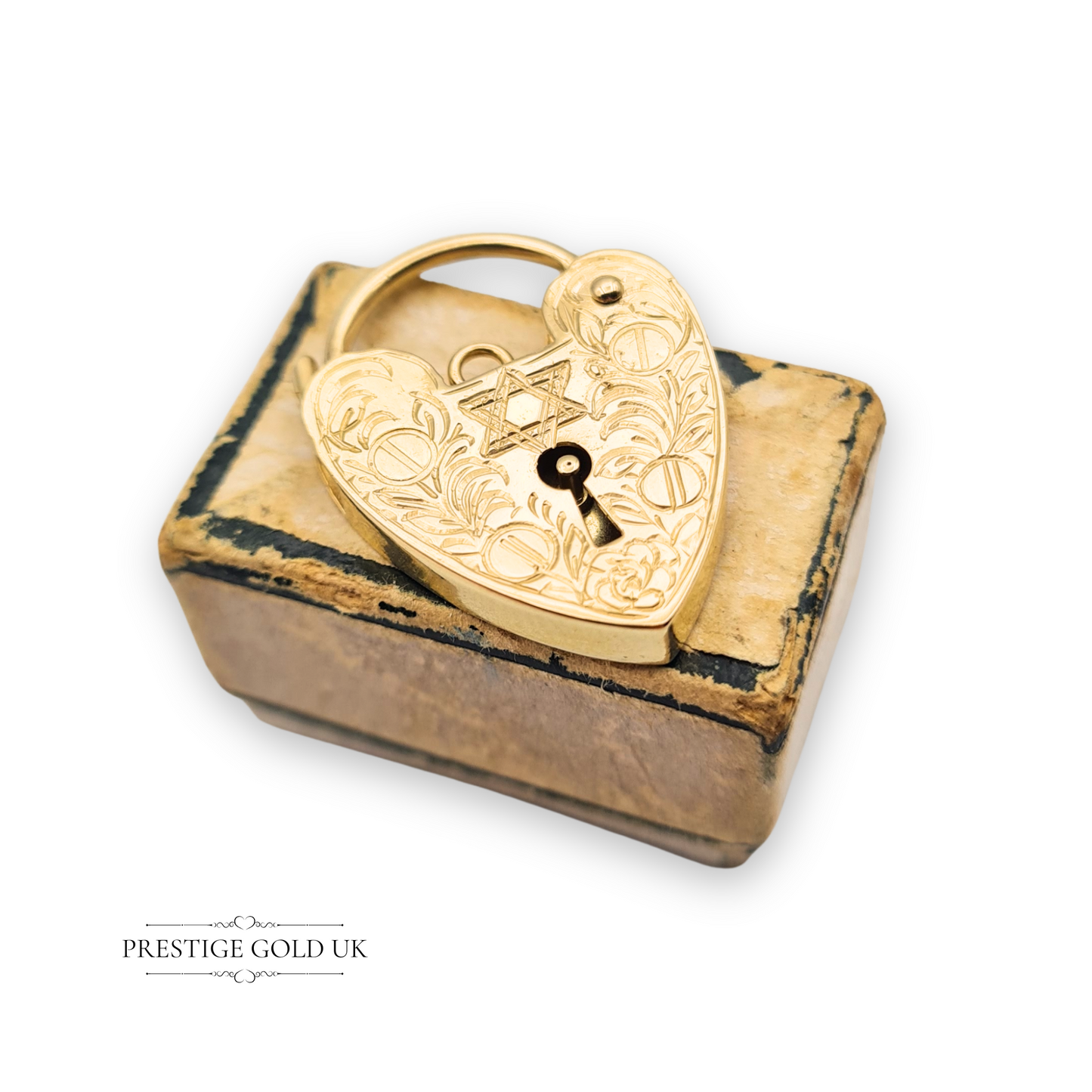 Solid 9ct gold heart-shaped padlock charm with hand-engraved Star of David and floral scroll design, measuring 25mm x 18mm, hallmarked by London Assay Office with ASJ maker's mark, ideal for bracelet or necklace