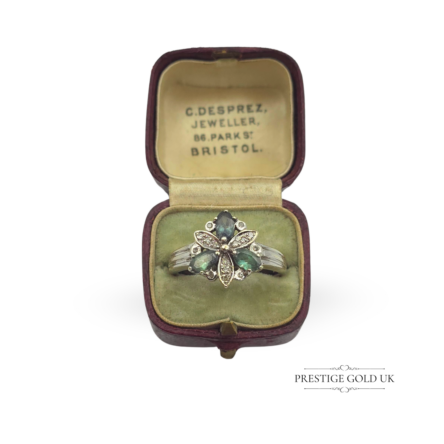 Vintage 14ct White Gold Tourmaline & Diamond Ring - UK N 1/2, US 7 - CLEARANCE