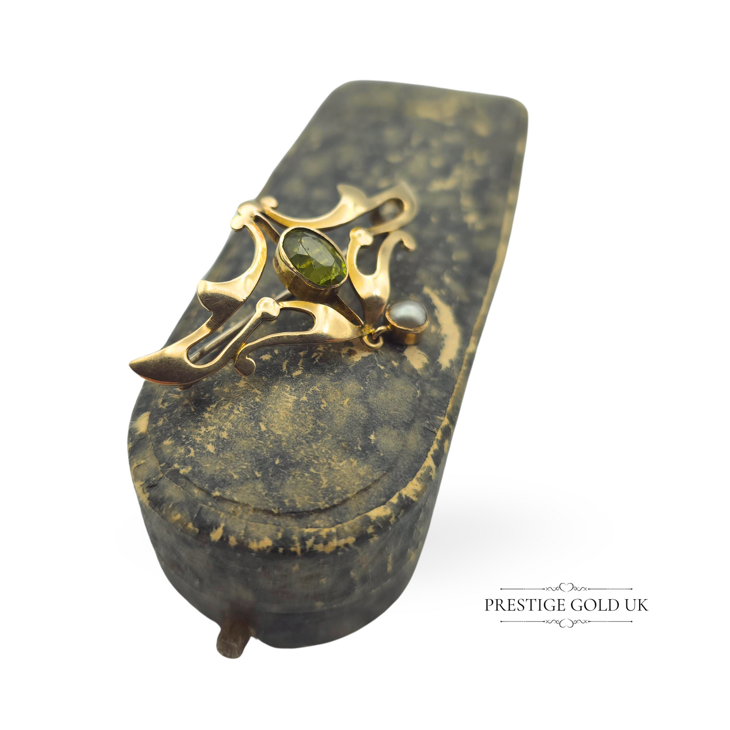 Antique 9ct Gold Art Nouveau Peridot & Pearl Brooch