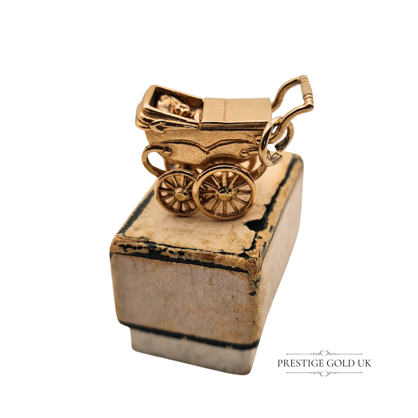 Large 9ct Gold Pram Charm With Baby, Old Fashioned Coach Built Pram