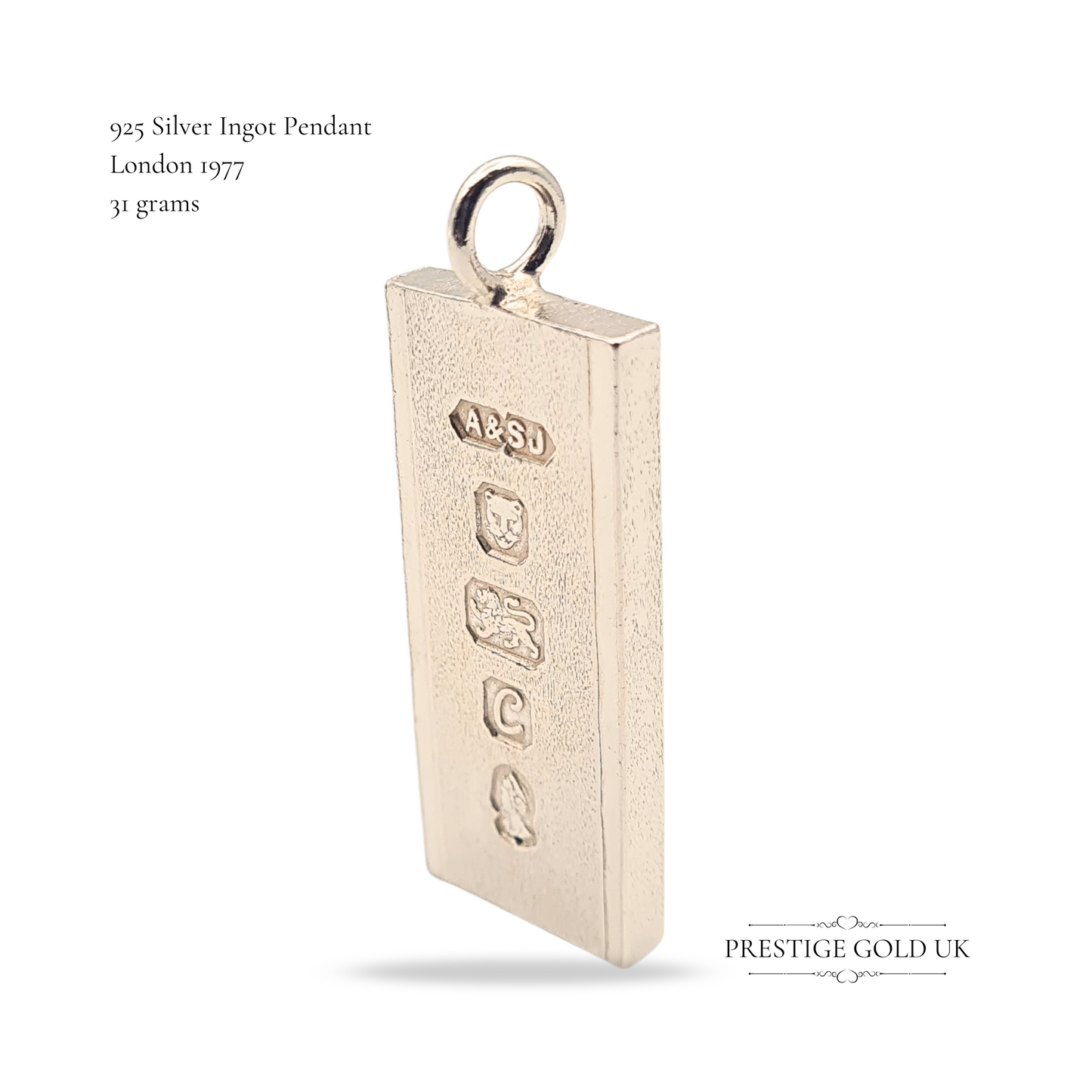 925 Silver Ingot Pendant London 1977 Faceted 30g Large Ingot